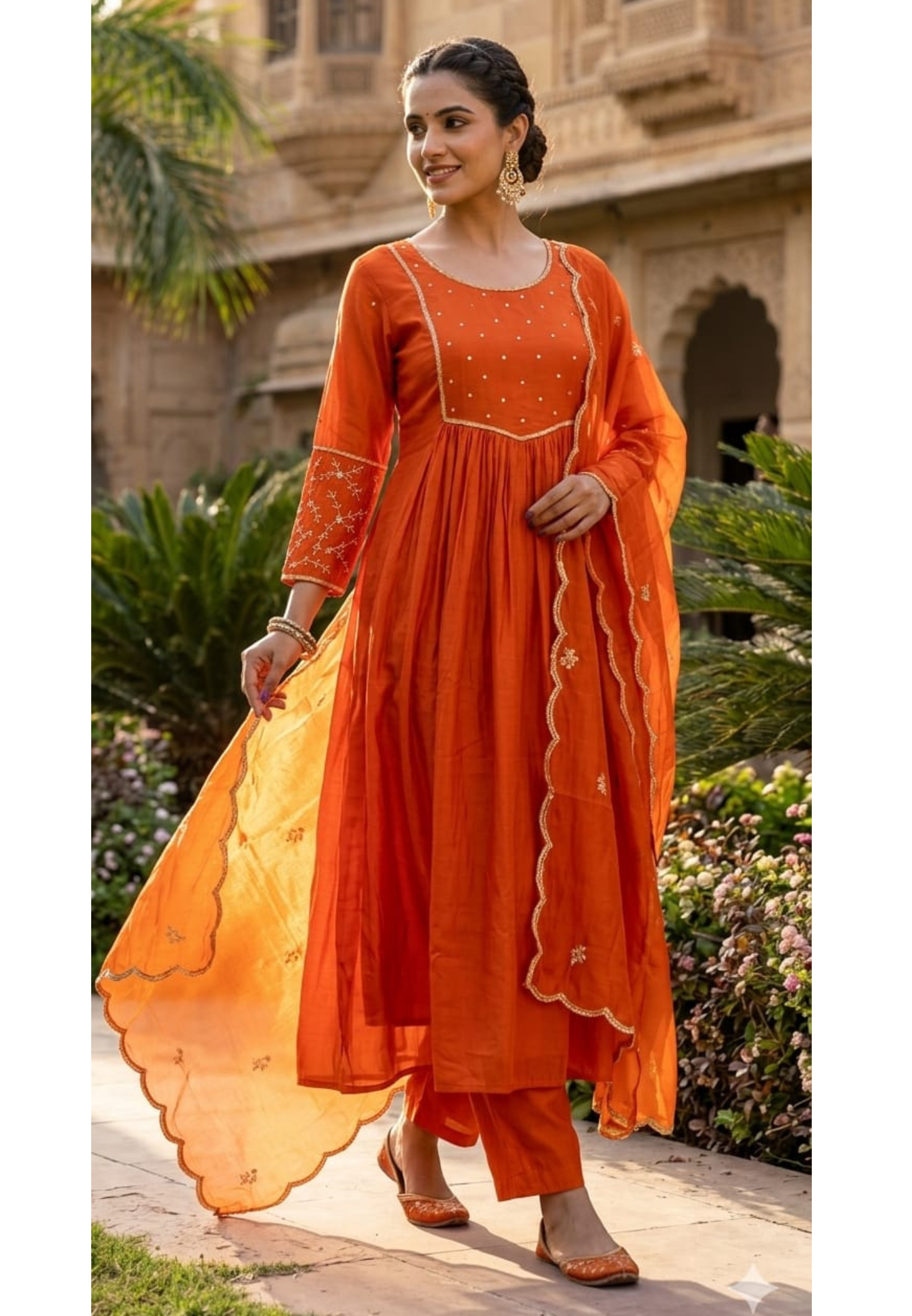 Burnt Orange Surat Mul-Chanderi A-Line Full Suit Set with Scalloped Border Dupatta- 14936