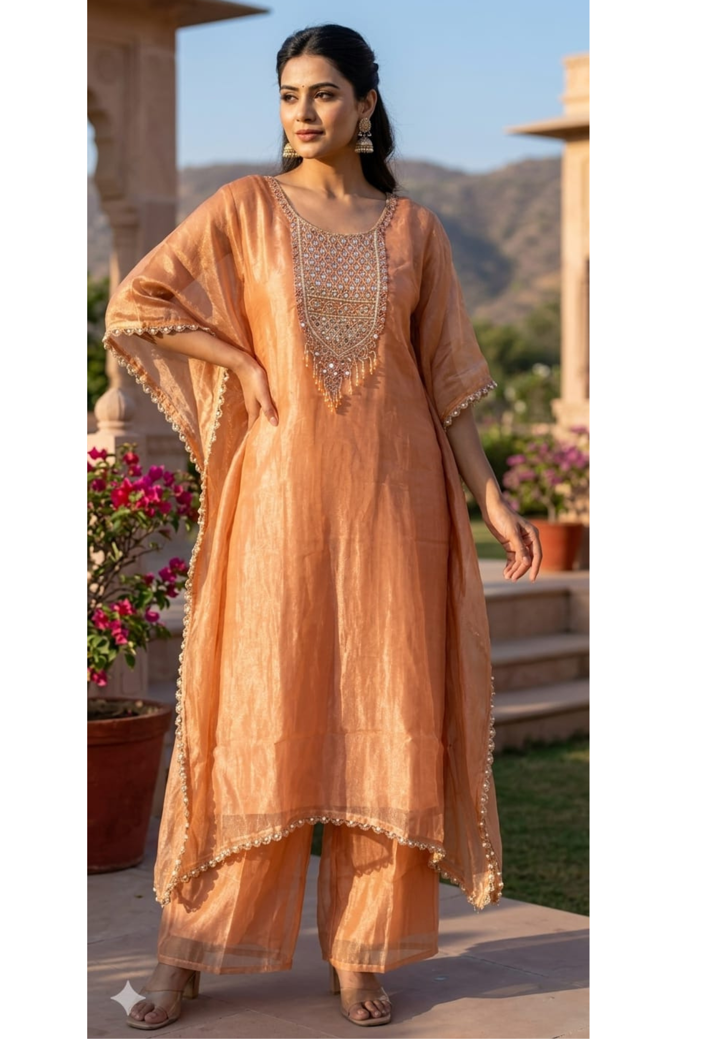 Ethereal Radiant Grace Peach Shimmer Tissue Mirror-Work Kaftan With Bottom- 14934