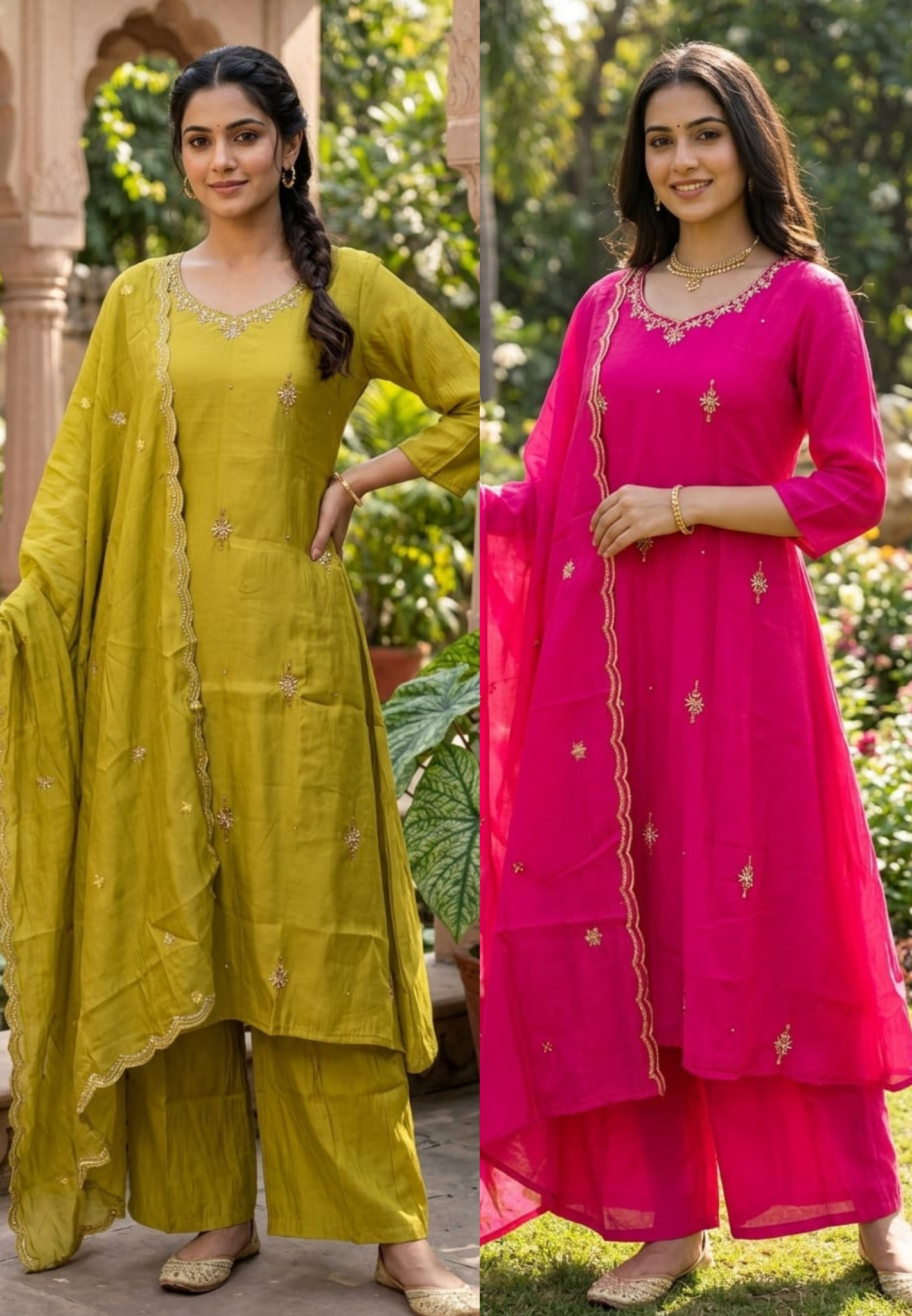 Surat Mul Chanderi Festive A-Line Full Suit Set with Delicate Zari Booti & Embroidered Borders- 14943