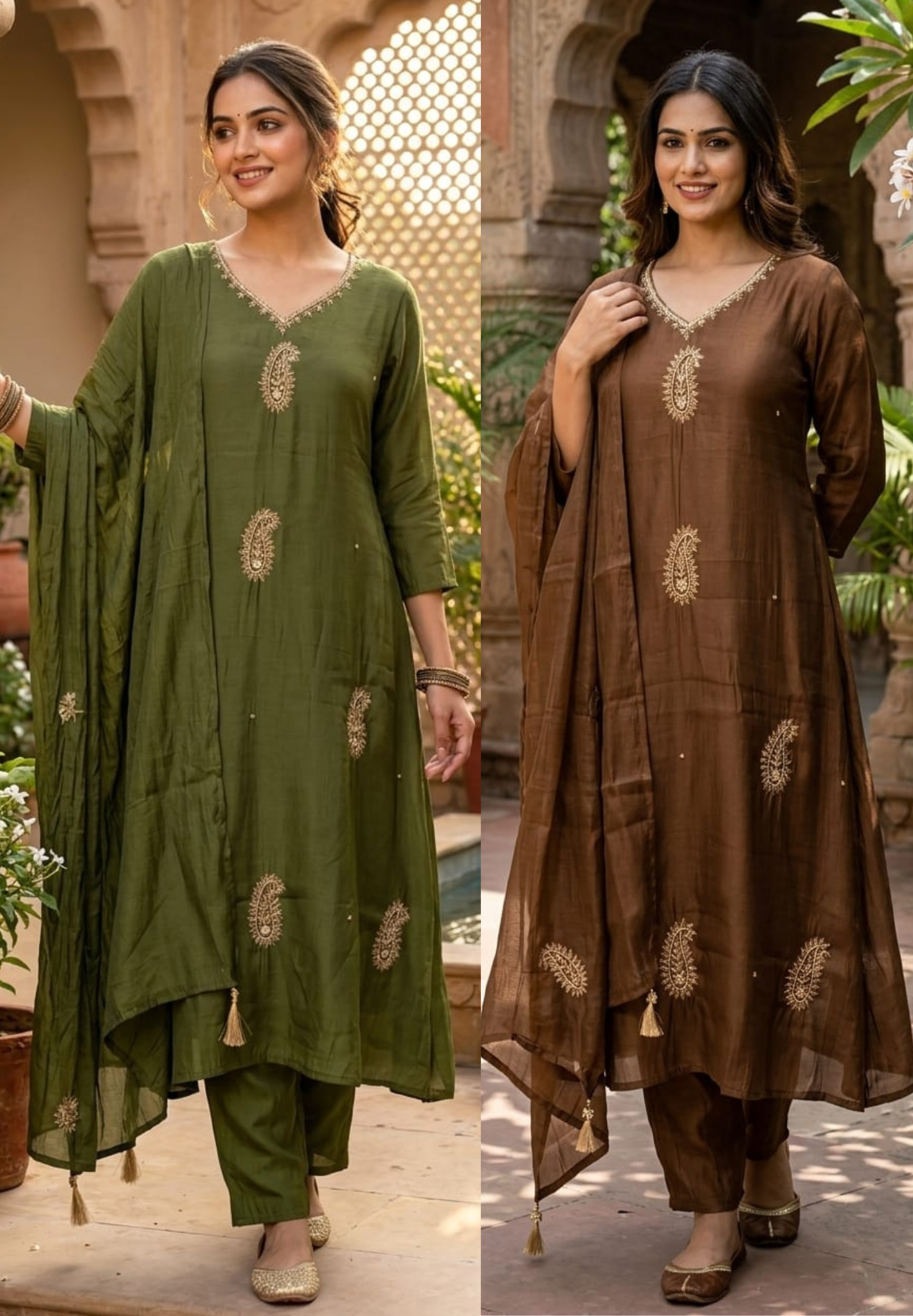 Earthy Dark Shade Zari Embroidery Surat Mul-Chanderi A-Line Full Suit Set With Dupatta- 14937