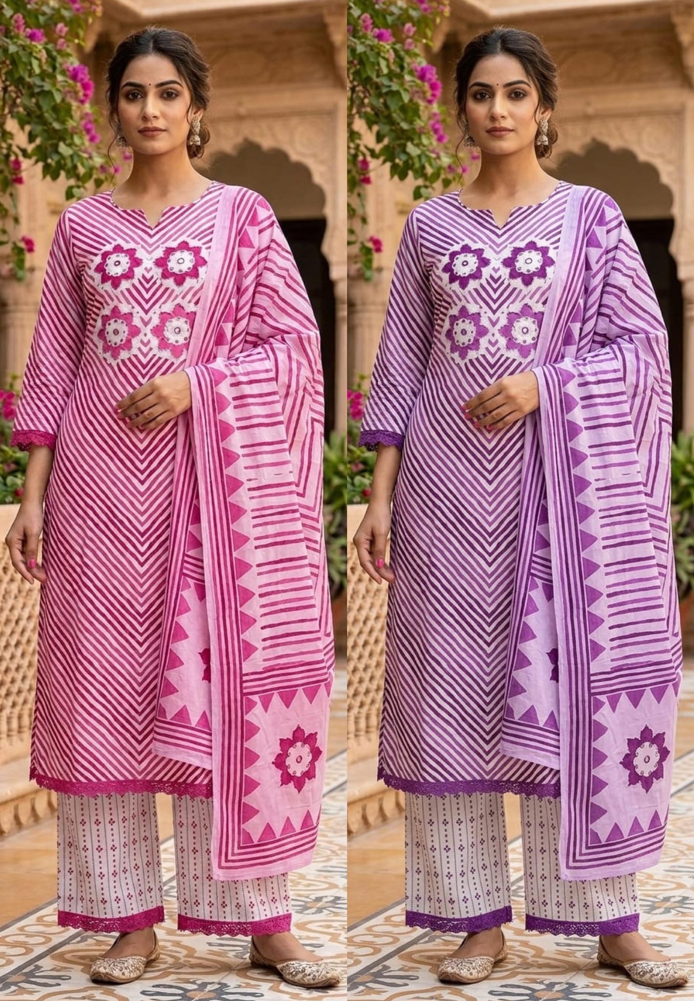 Floral Yoke With Leheriya Print Cotton Full Suit Set With Dupatta- 14999