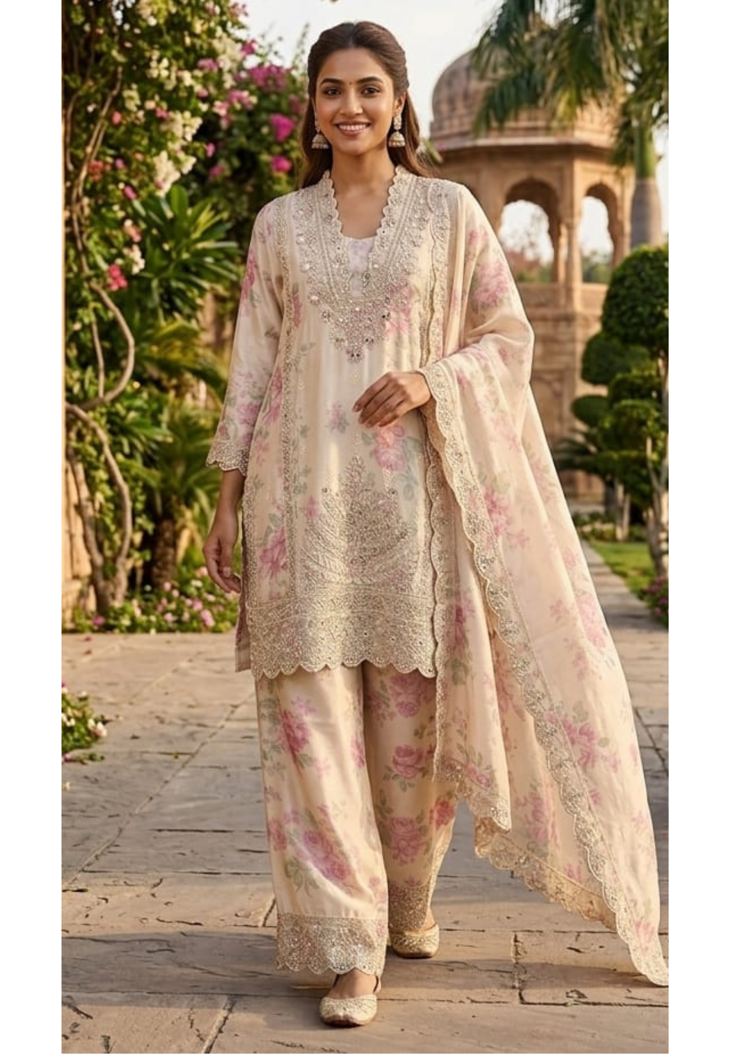Very Elegant Ivory Real Mirror Touch Floral Printed Fancy Full Suit Set With Dupatta- 14944