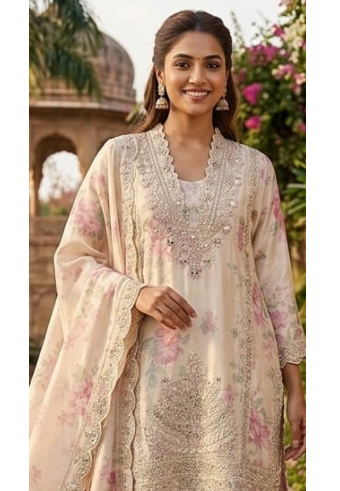 Very Elegant Ivory Real Mirror Touch Floral Printed Fancy Full Suit Set With Dupatta- 14944