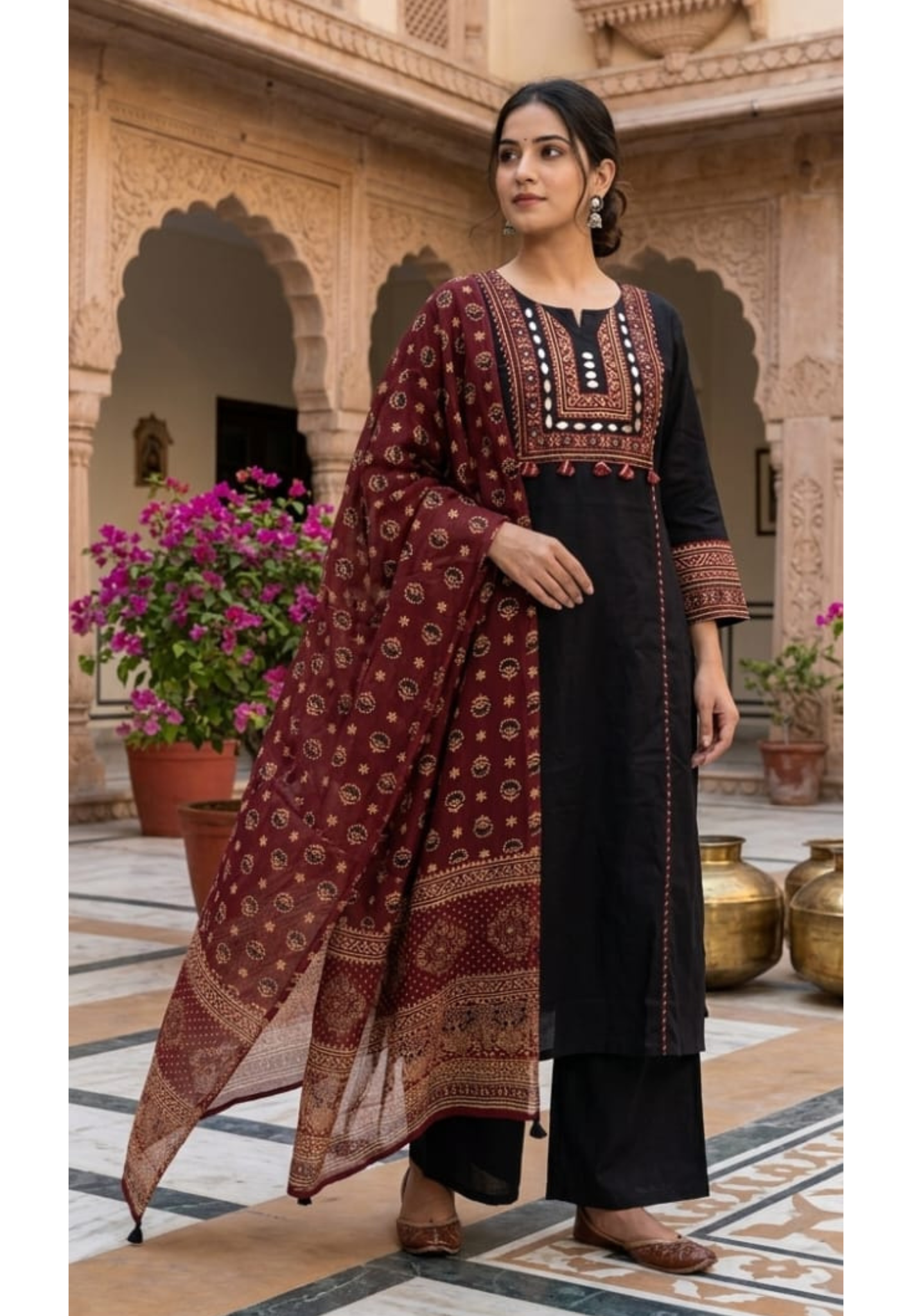 Real Mirror pure cotton Kalamkari patch work yoke Full suit set with Dupatta