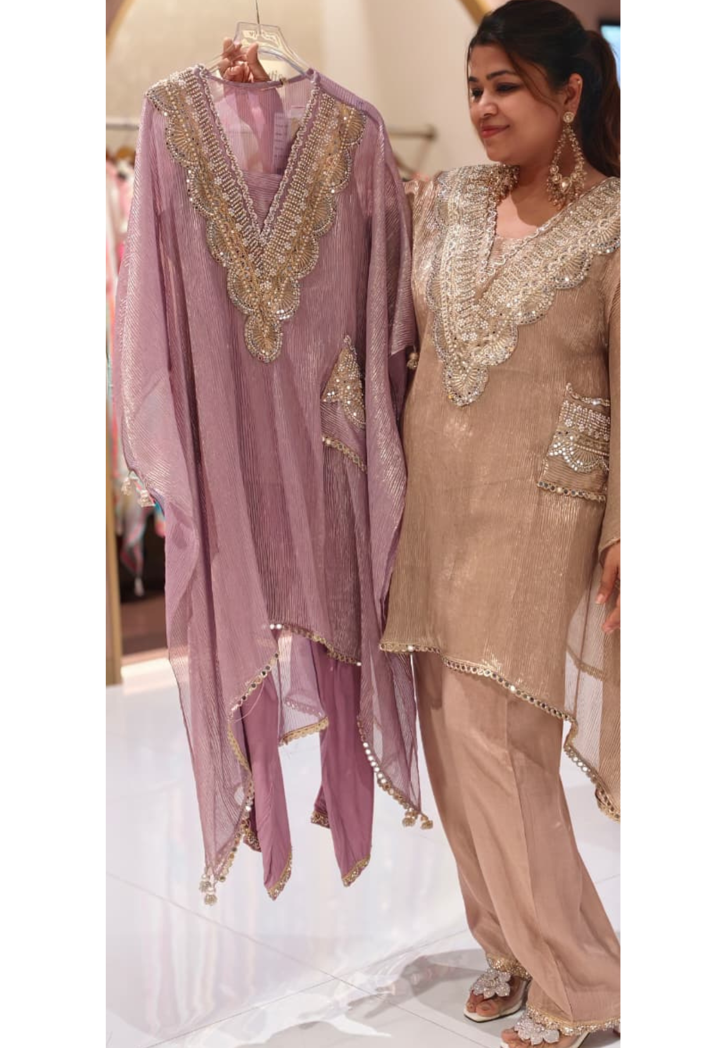 Crush Tissue Luxury Real Mirror Embellished Kaftan Co-Ord Set with Straight Pants & Sidepocket - 15093 (Dispatching After 3 Days)