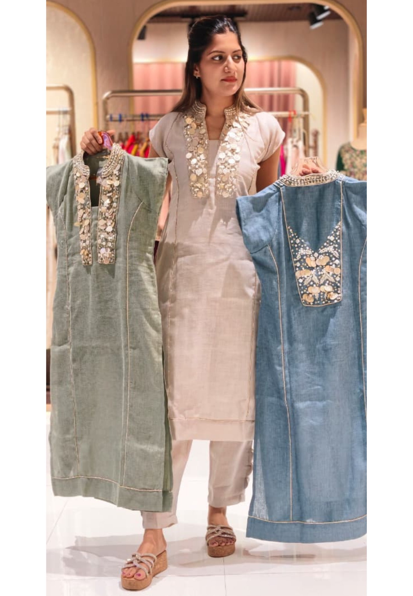 Premium Subtle Shimmering Textures Sequin Mirror Work Straight Kurta & Pant Set- 15087 LEAN FIT (Dispatchning After 3 Days)