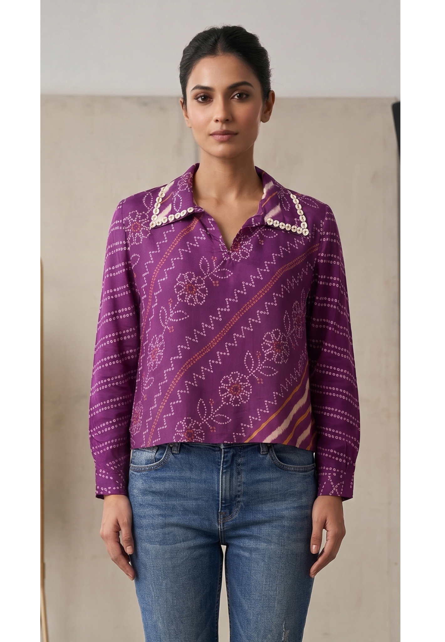 Women's Premium Purple Bandhani Floral Printed Soft Crepe Casual Shirt Top- 15114