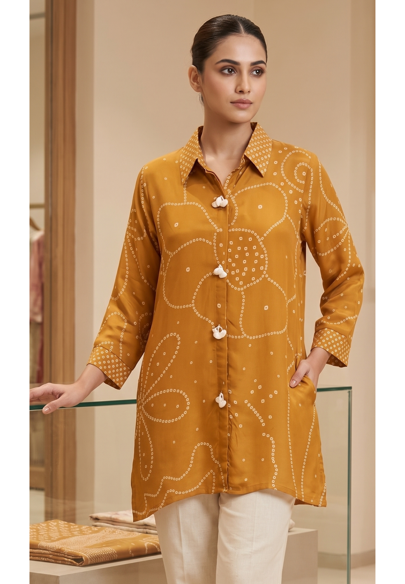 Bandhani Print Shell Tassel Rangoli Bird Back Print Crepe Shirt- 15111
