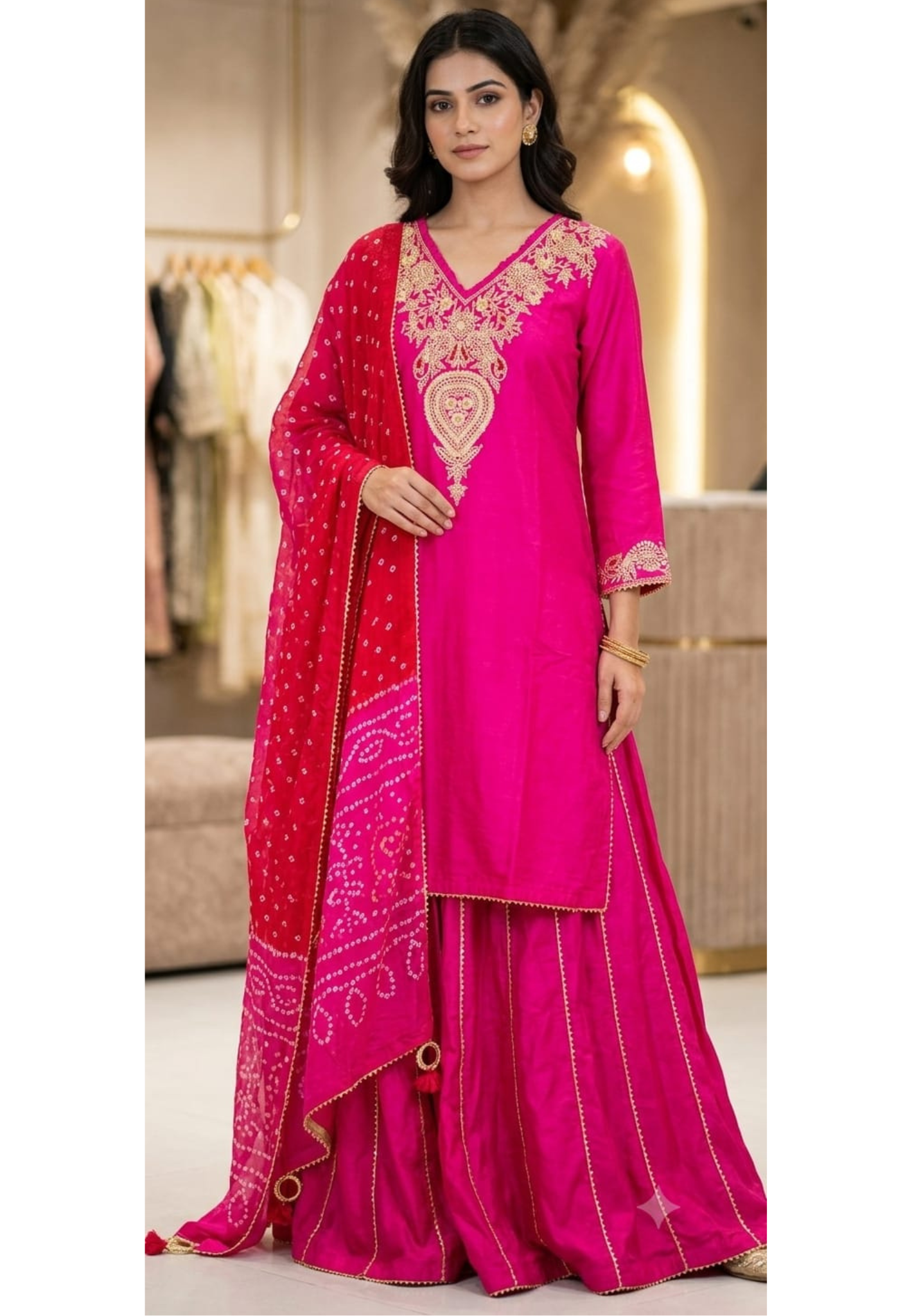 Pure Traditional Zardosi Yoke Fuschia Russian Silk Fancy Full Suit Set With Bandhej Dupatta & Skirt Look Palazzo Bottom- 13814