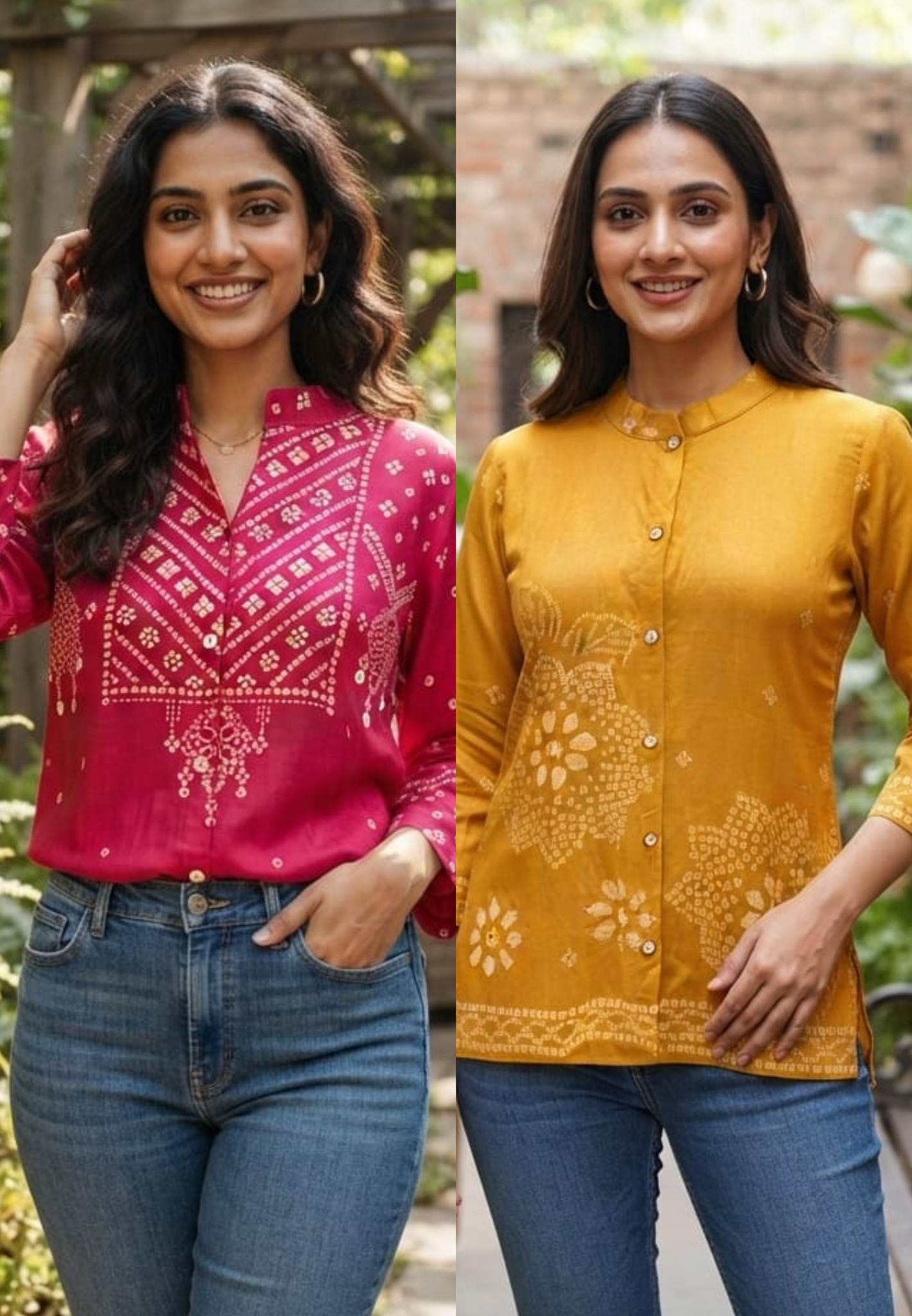 Mandarin Collar Bandhani Print Flowy Crepe Casual Kurti- 15335 (Lean Fit)