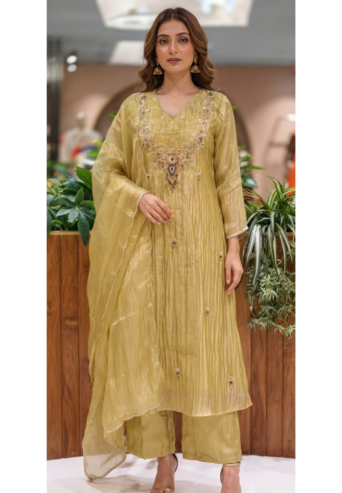 Jewel Highlight Zardosi Embroidered Golden Glow Crush Tissue Full Suit Set With Dupatta- 15395