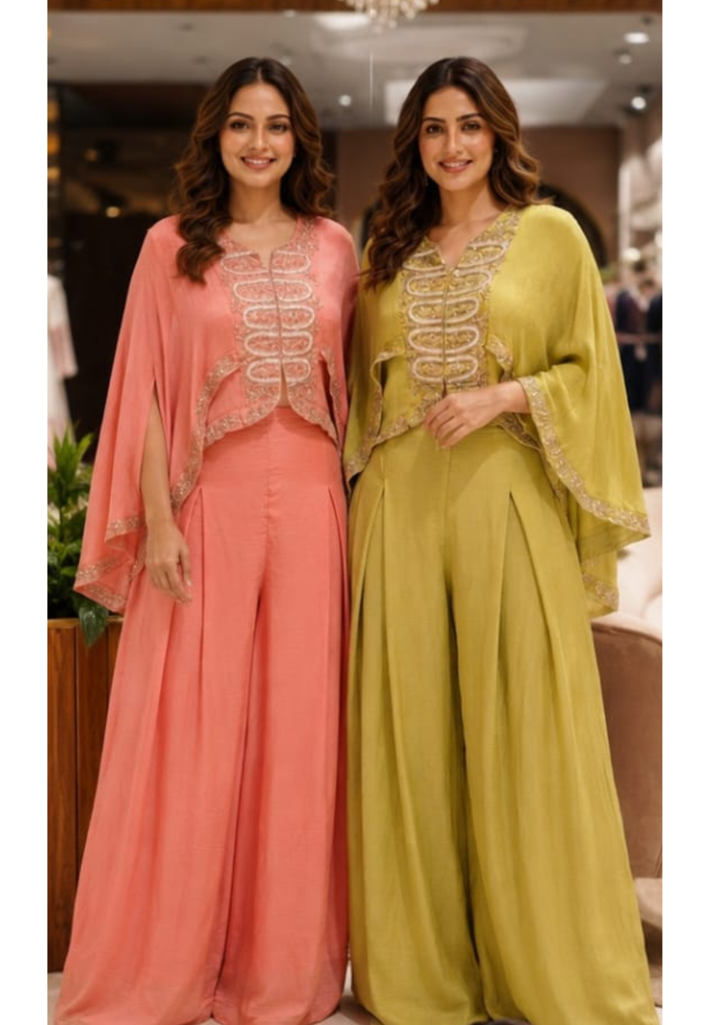 Elegant Cut-Dana Embroidered High-Low Outer With Buster & Flared Palazzo Bottom In Chinon Fabric- 15366