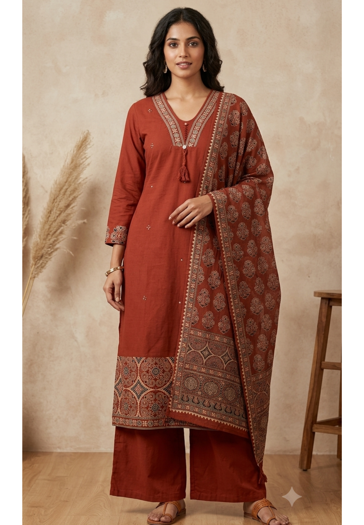 Floral Block Print Pleated V-Neck Cotton Full Suit Set With Fully Printed Dupatta- 13716