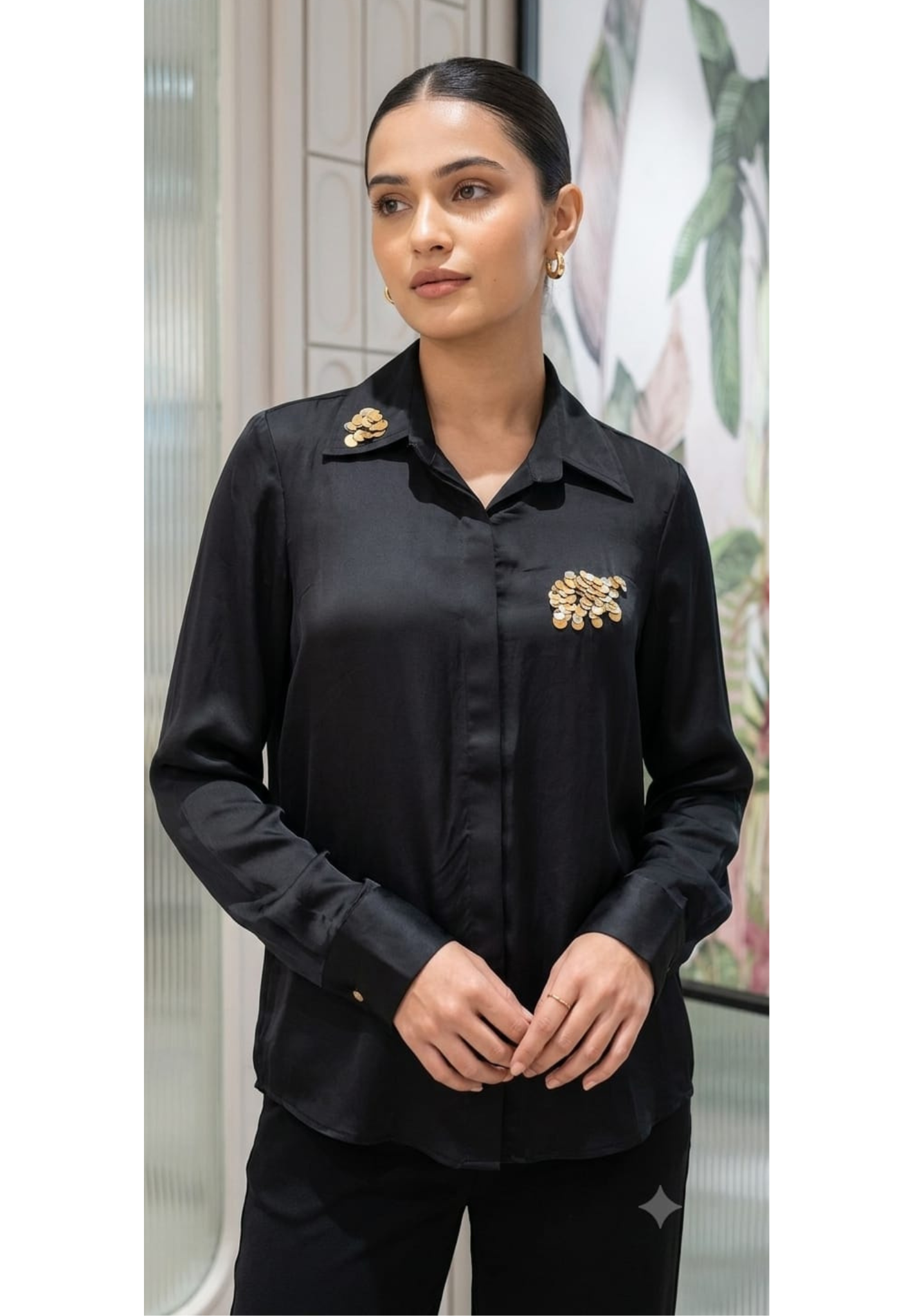 Midnight Glam Foil Touch Butter Soft Satin Shirt- 14782