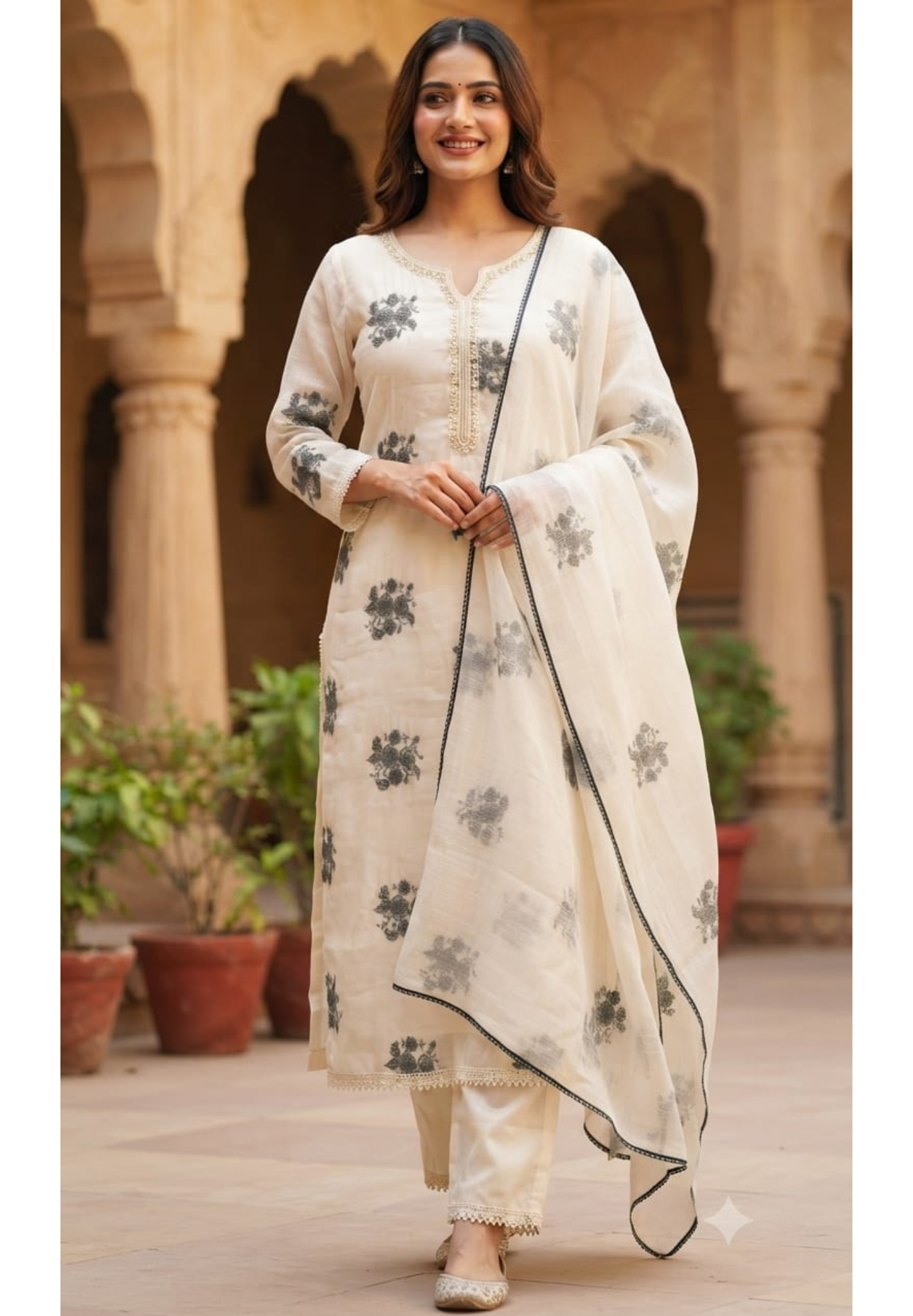 3D Floral Scattered Appliques Minimal Neckline Surat Mul-Chanderi Full Suit Set With Dupatta- 15332