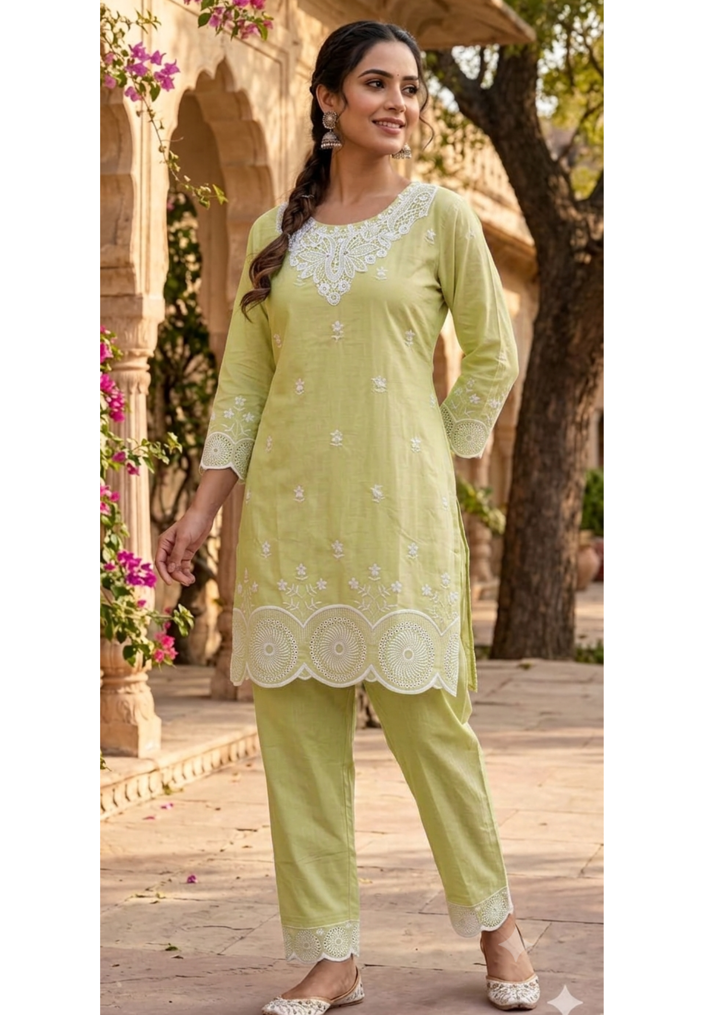 White Embroidered Lace Trimmed Work Solid Cotton Co-Ord Set- 14582