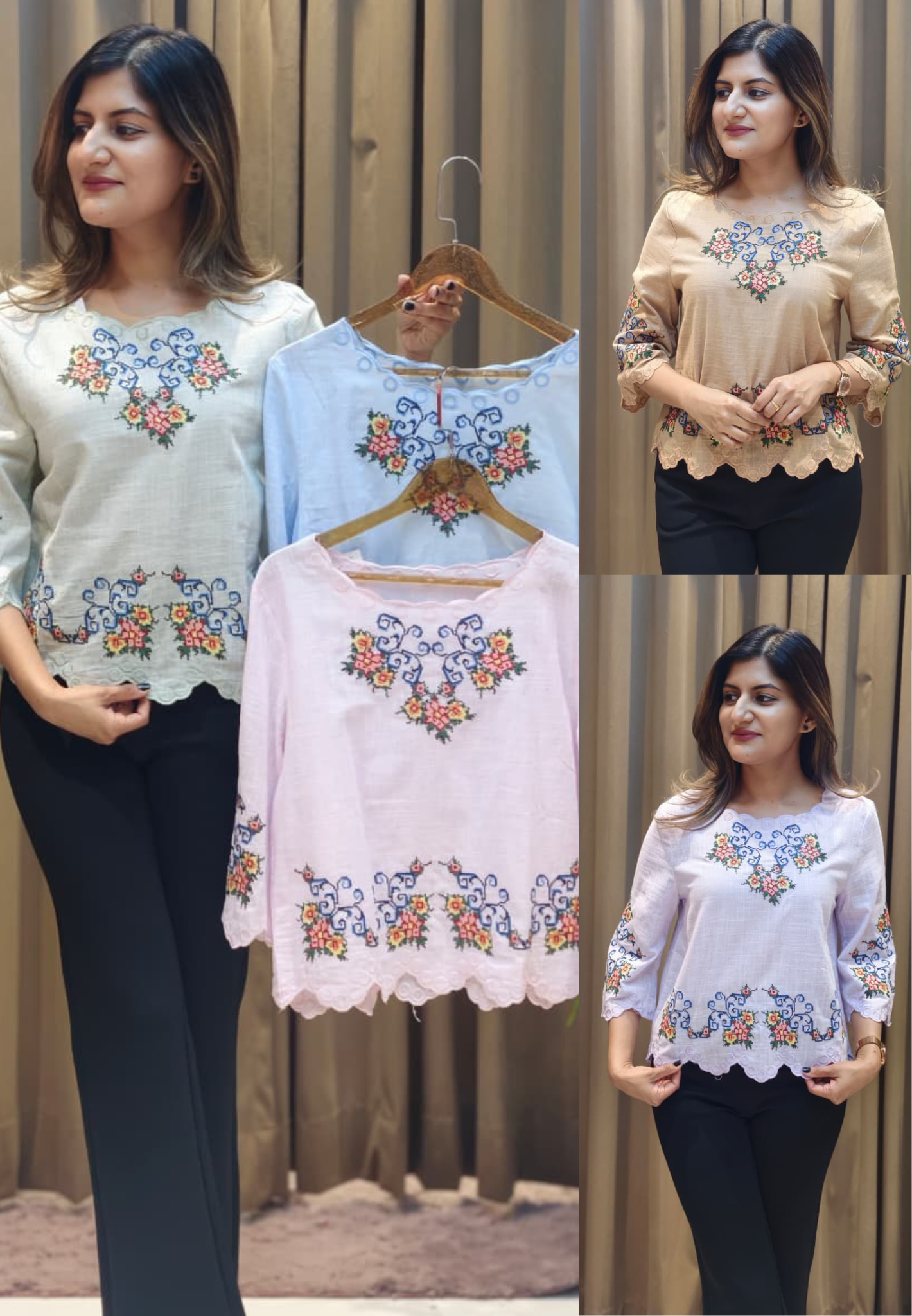Abstract Floral Prints Cutwork Comfy Imported Casual Top- 15145