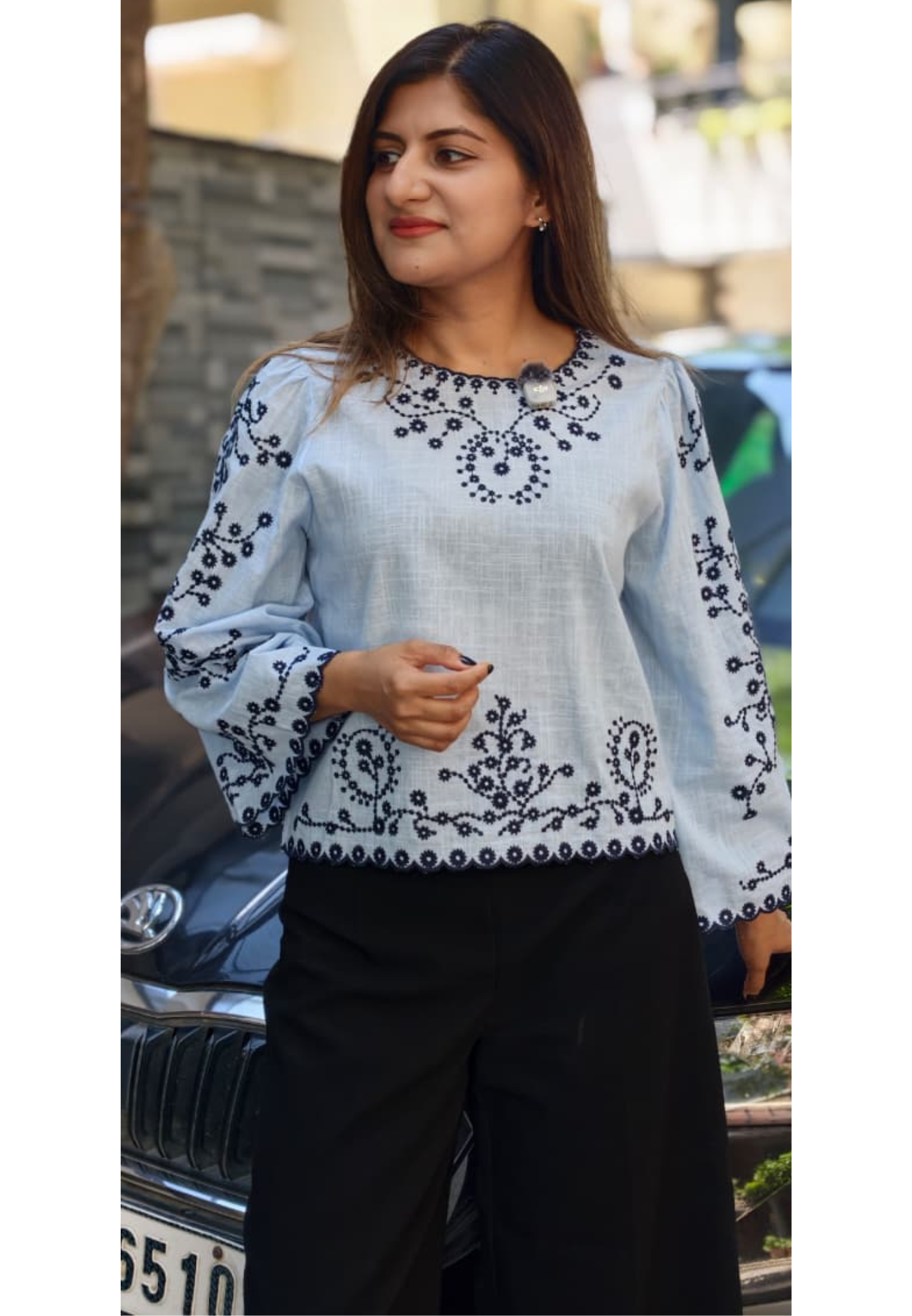 Tiny Bud Embroidery Chinese Style Casual Western Top- 15145