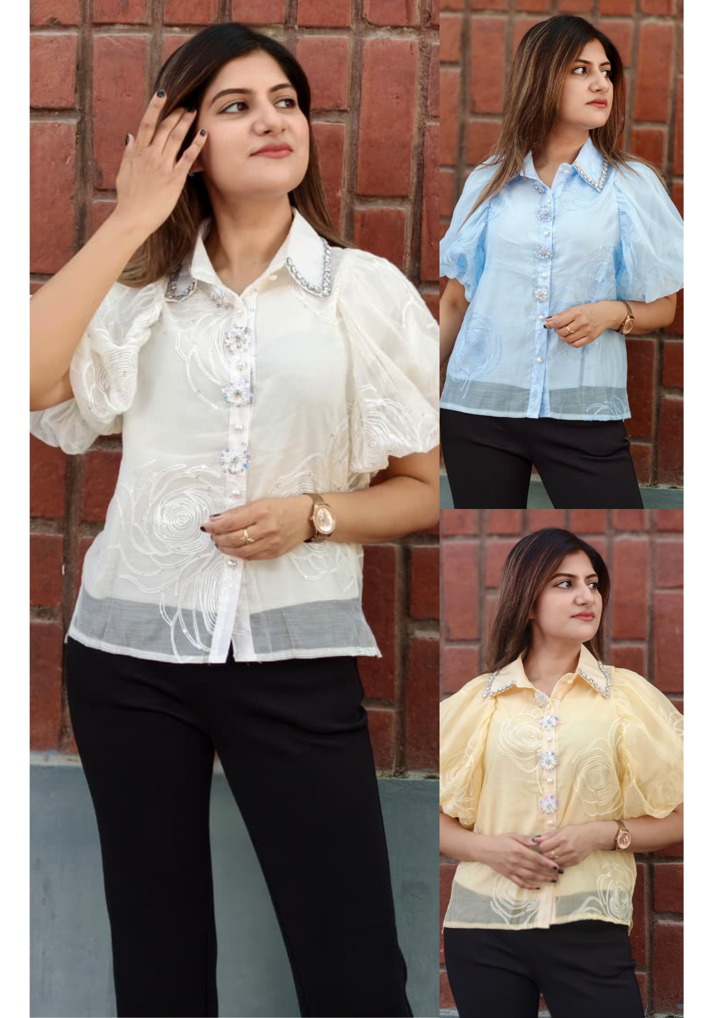 Syroski Stone Floral Popped Sequin Detailing Puffy Western Top- 15061