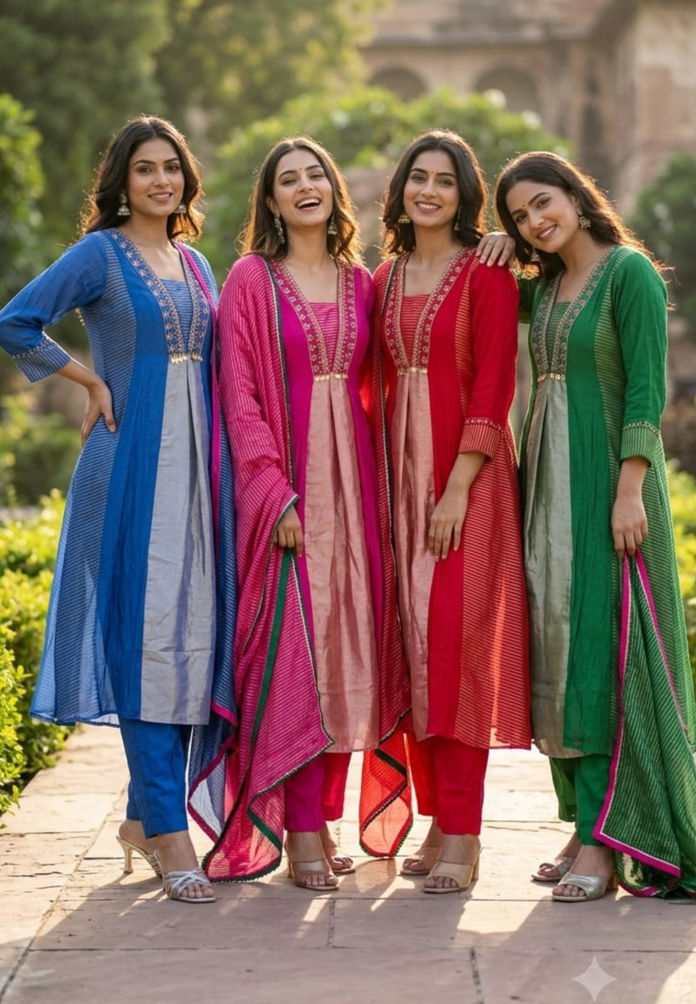 Grand Nior Tassel Accent Golden Stripes Tissue A-Line Full Suit Set With Dupatta- 15325