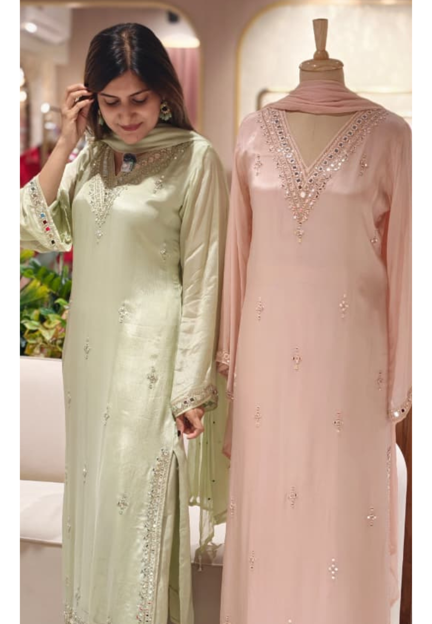 Premium Pastel V-Neck Pakistani Style Long Length Full Suit Set with Intricate Mirror Work- 15348,, 15342