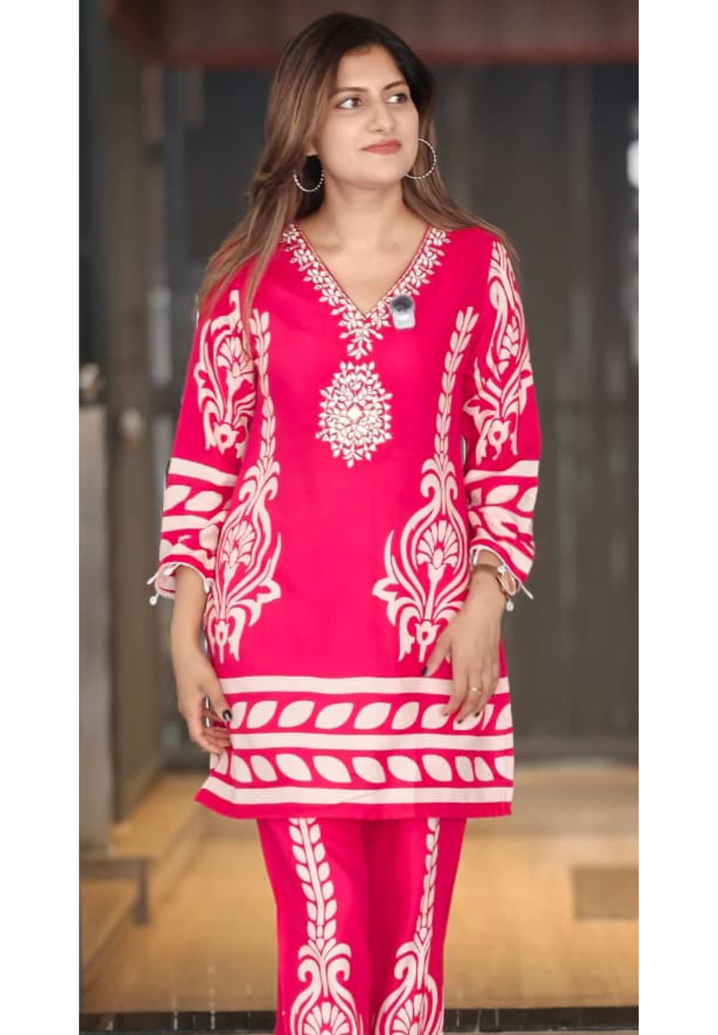 Chevron Printed Mirror Thread Embroidered Neckline Casual Wear Co-Ord Set- 15355