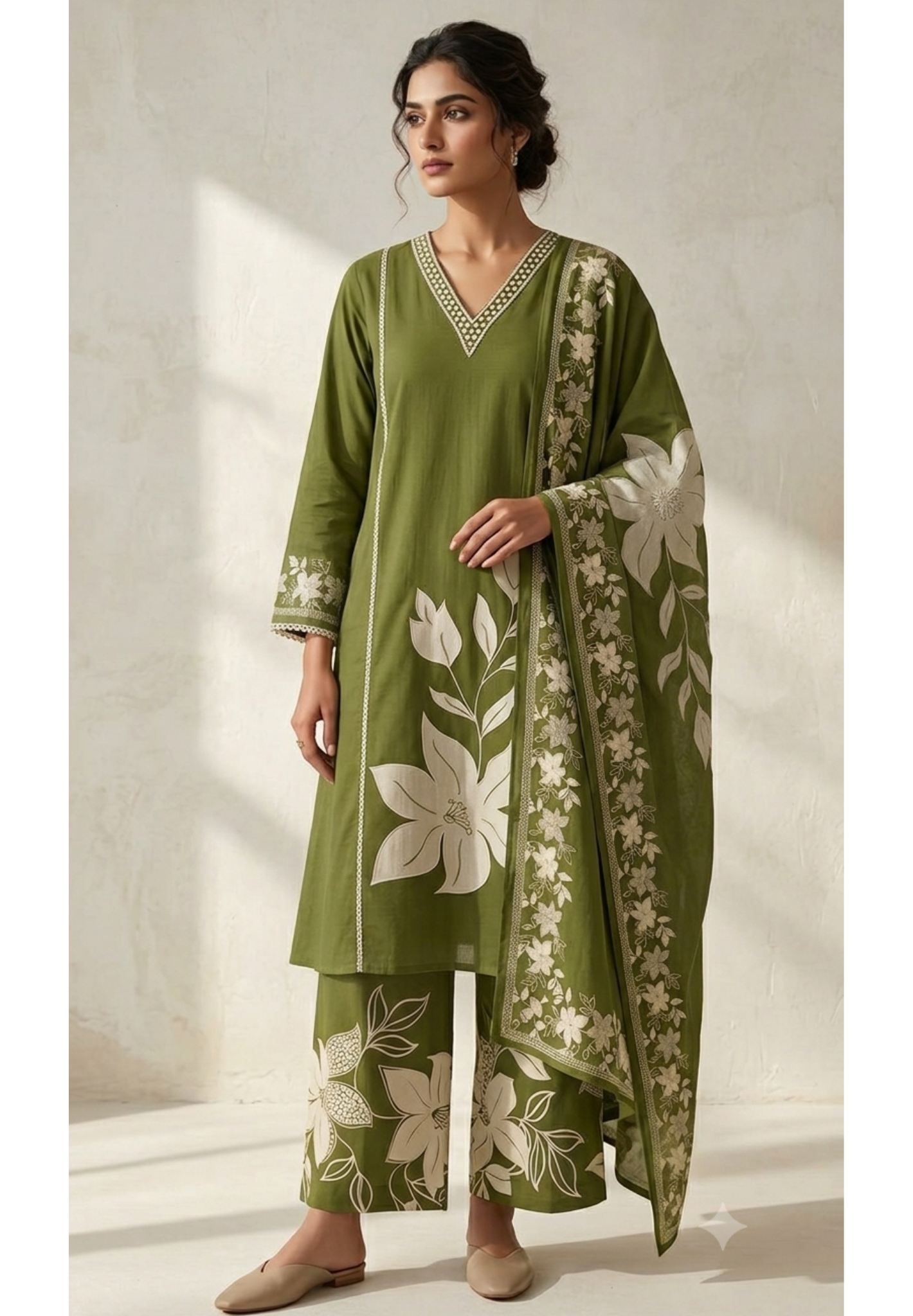 Nature Inspired Minimal V-Neckline Leafy Embroidered Cotton Full Suit Set With Dupatta- 14792