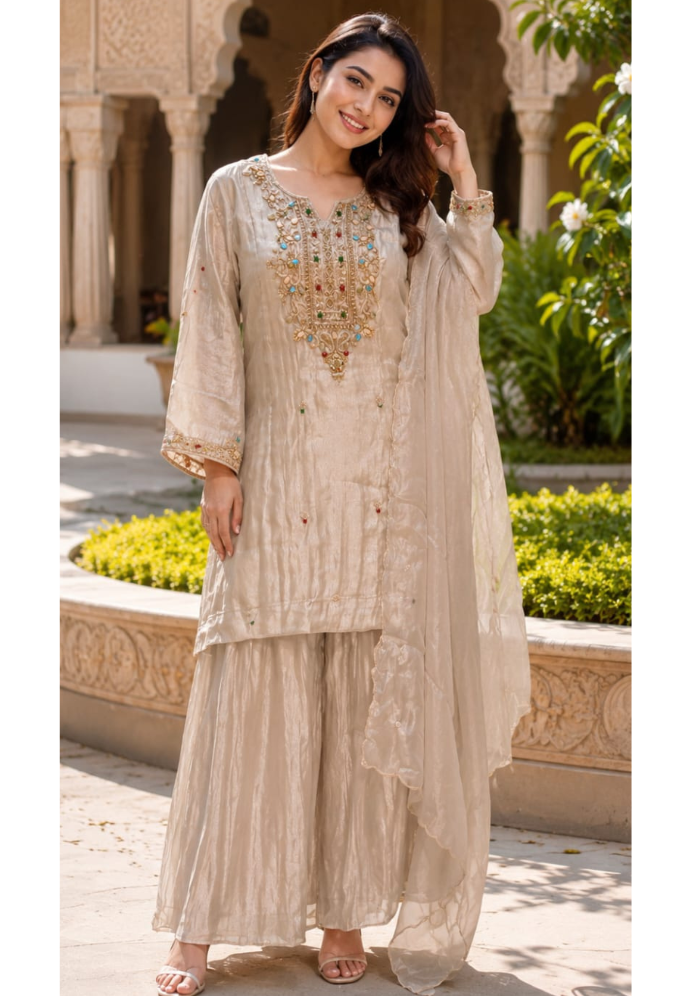Premium Butter Shine Antique Hand Embellished Yoke Crush Tissue Full Suit Set With Dupatta- 15518