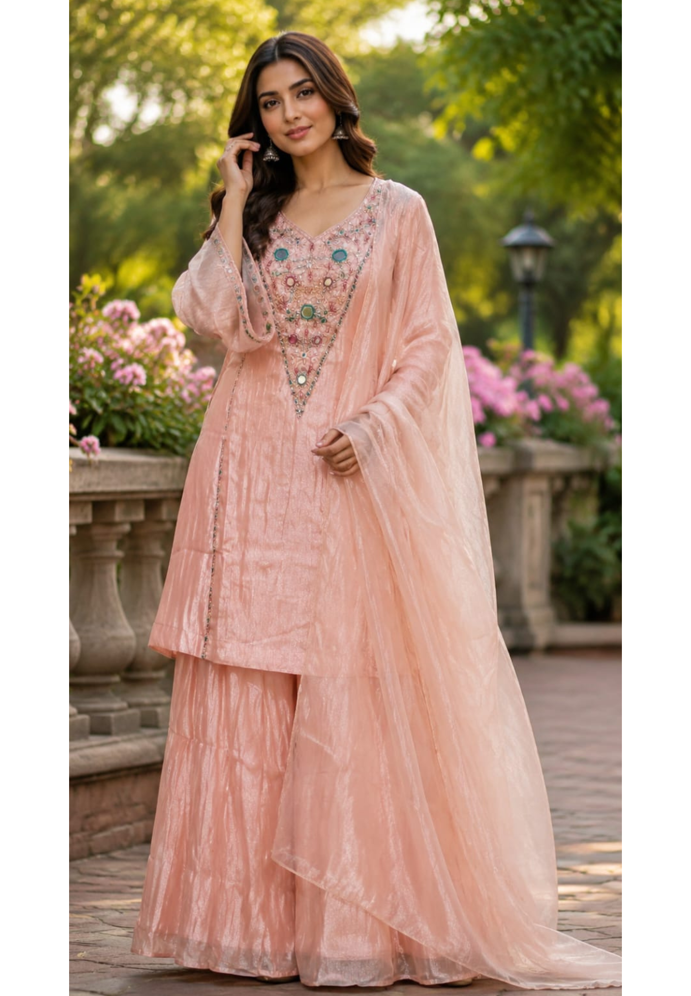 Blush Pink Elegant Sheer Highlighted Yoke Crush Tissue Full Suit Set With Dupatta- 15519