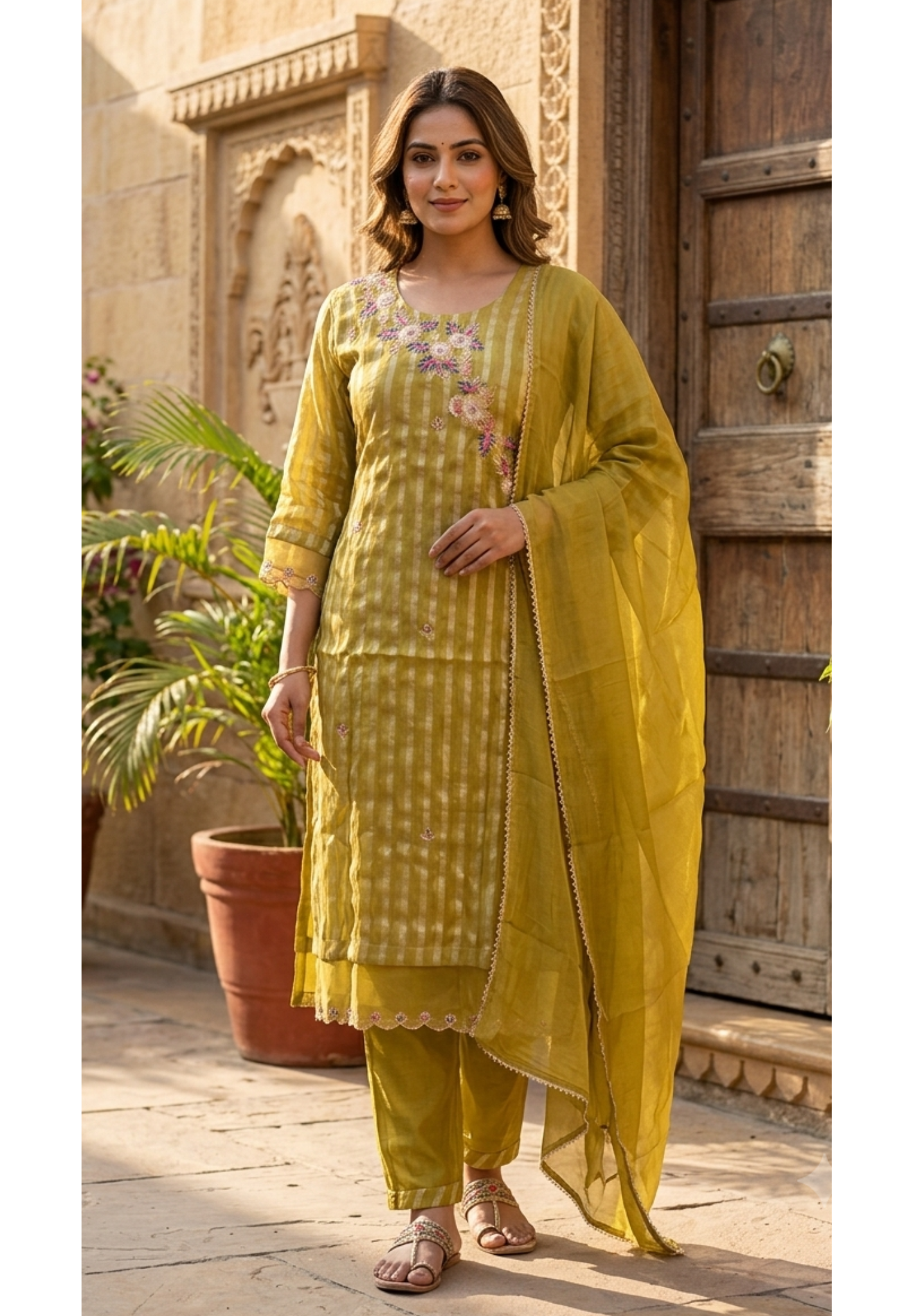 Floral Elegance Embroidered Golden Striped Tissue Full Suit Set With Dupatta