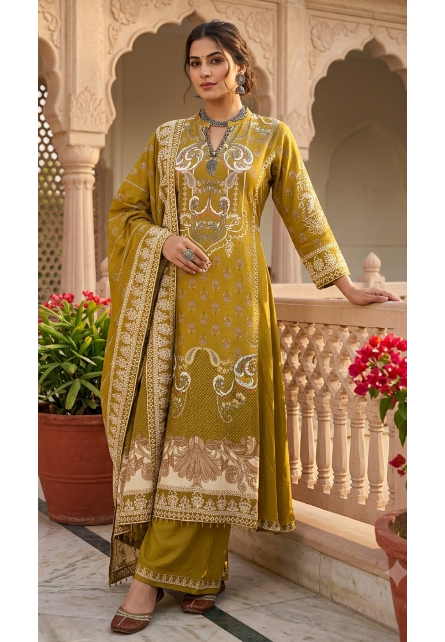 Stylish Lawn Print A-Line Flared Russian Silk Full Suit Set With Dupatta