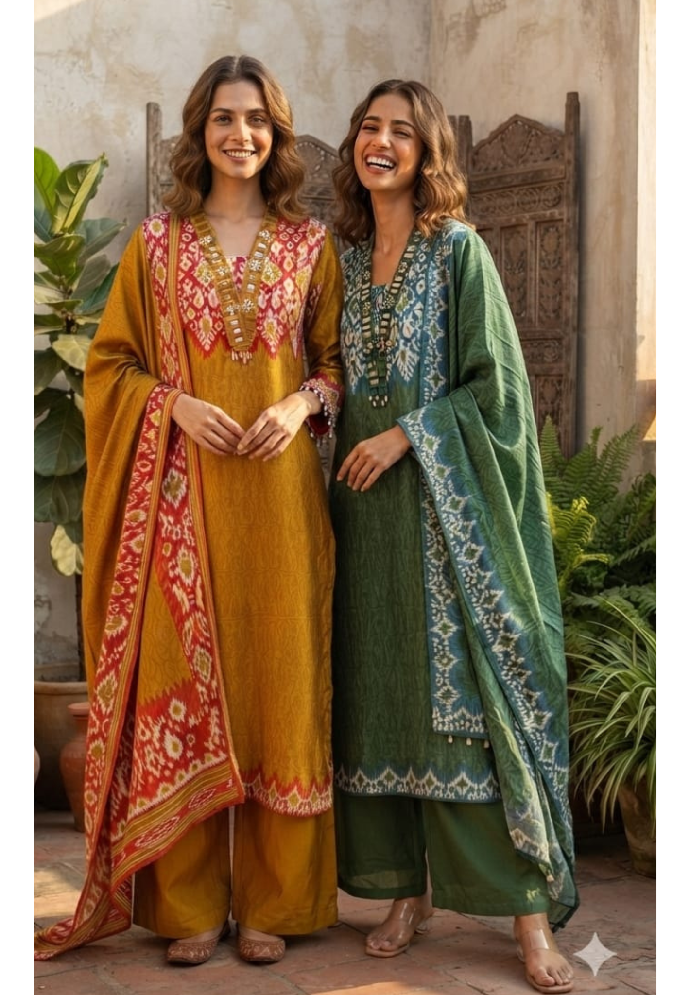 Real Mirror Boho Neckline Ikkat Print Gajji Silk Full Suit Set With Dupatta- 15626