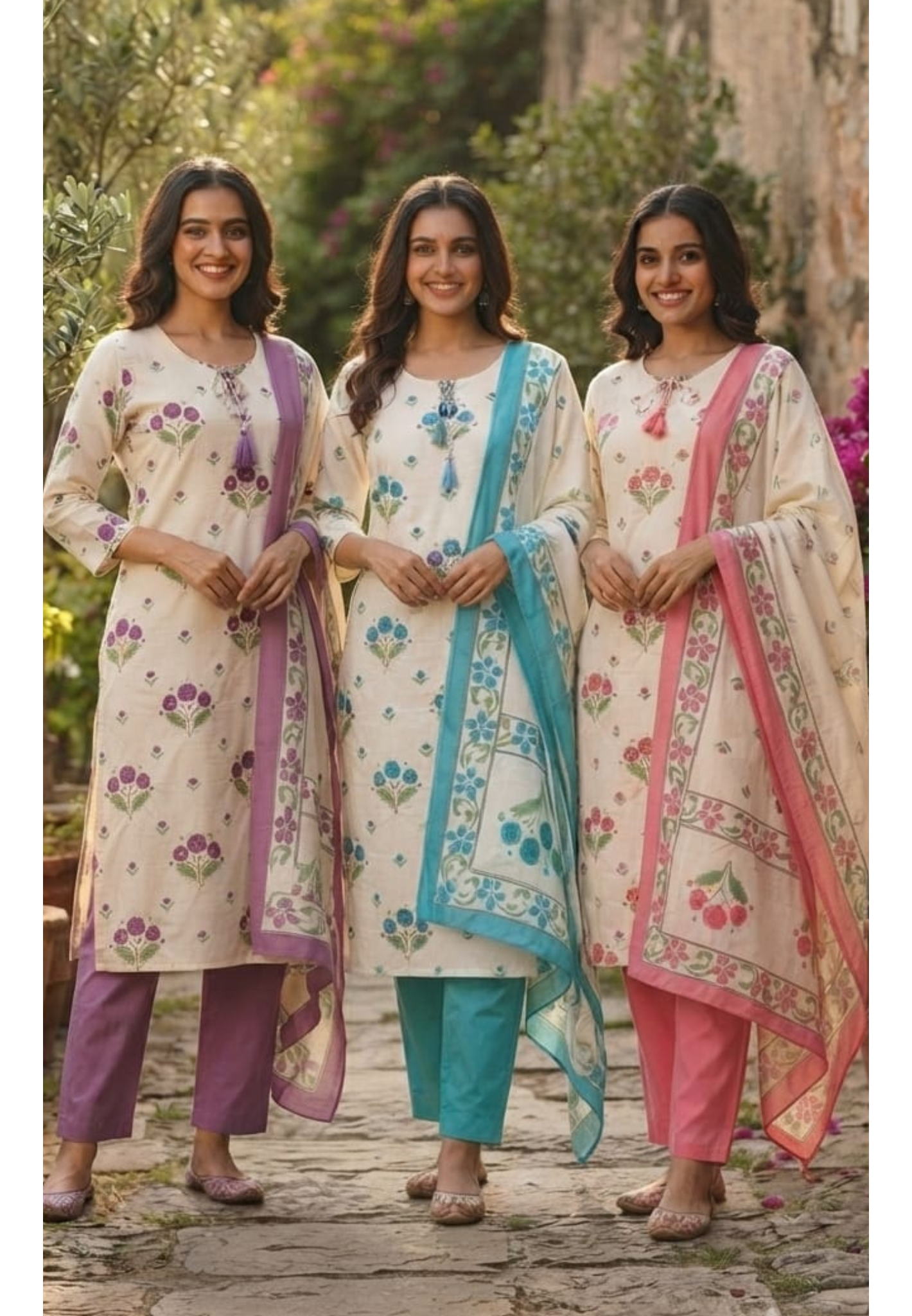 Cute Floral Motifs Watermark Look Tassel Accent Straight Cotton Full Suit Set With Dupatta- 15666