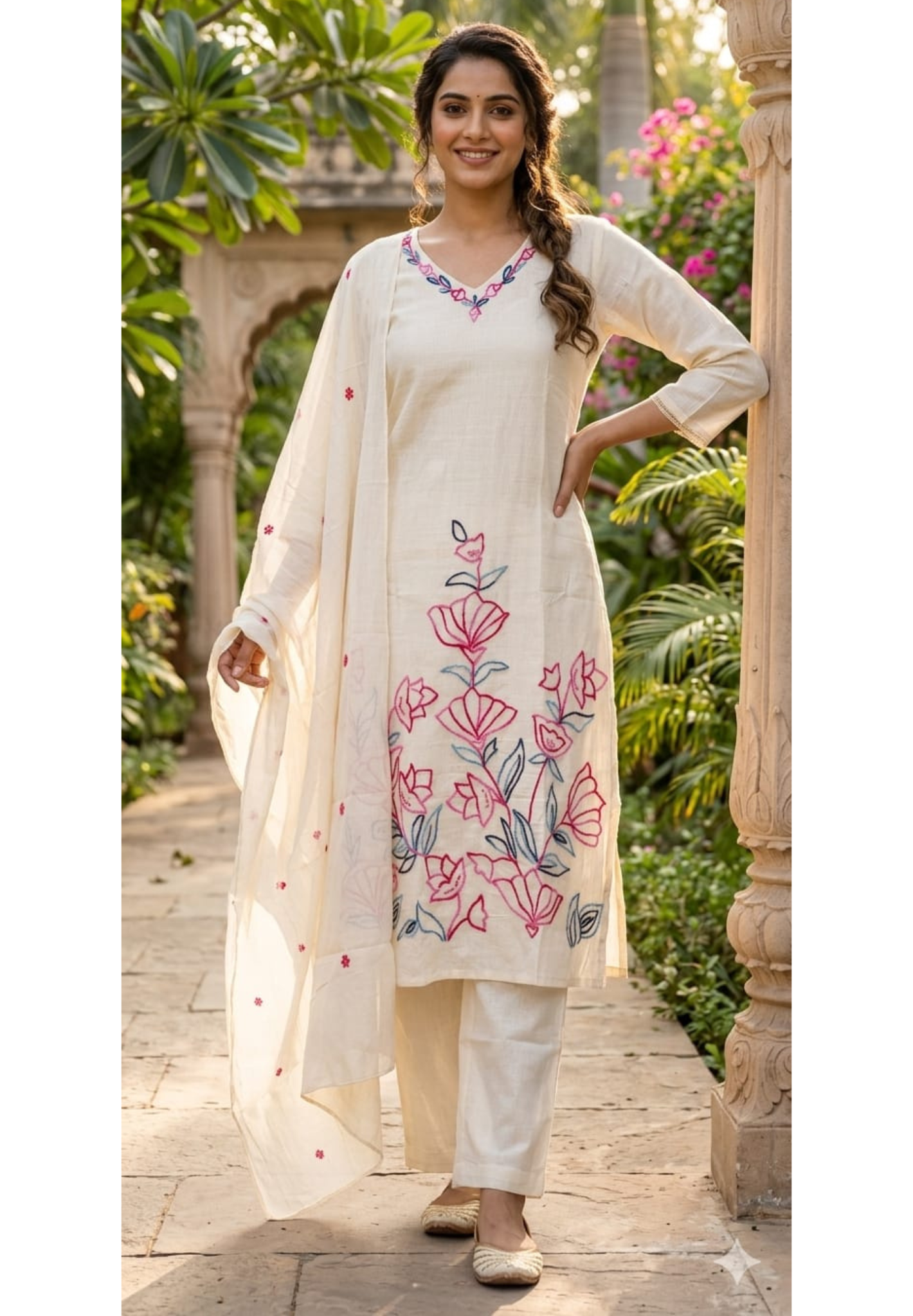 Floral Thread Embroidered Kora Cotton Full Suit Set With Dupatta- 14687