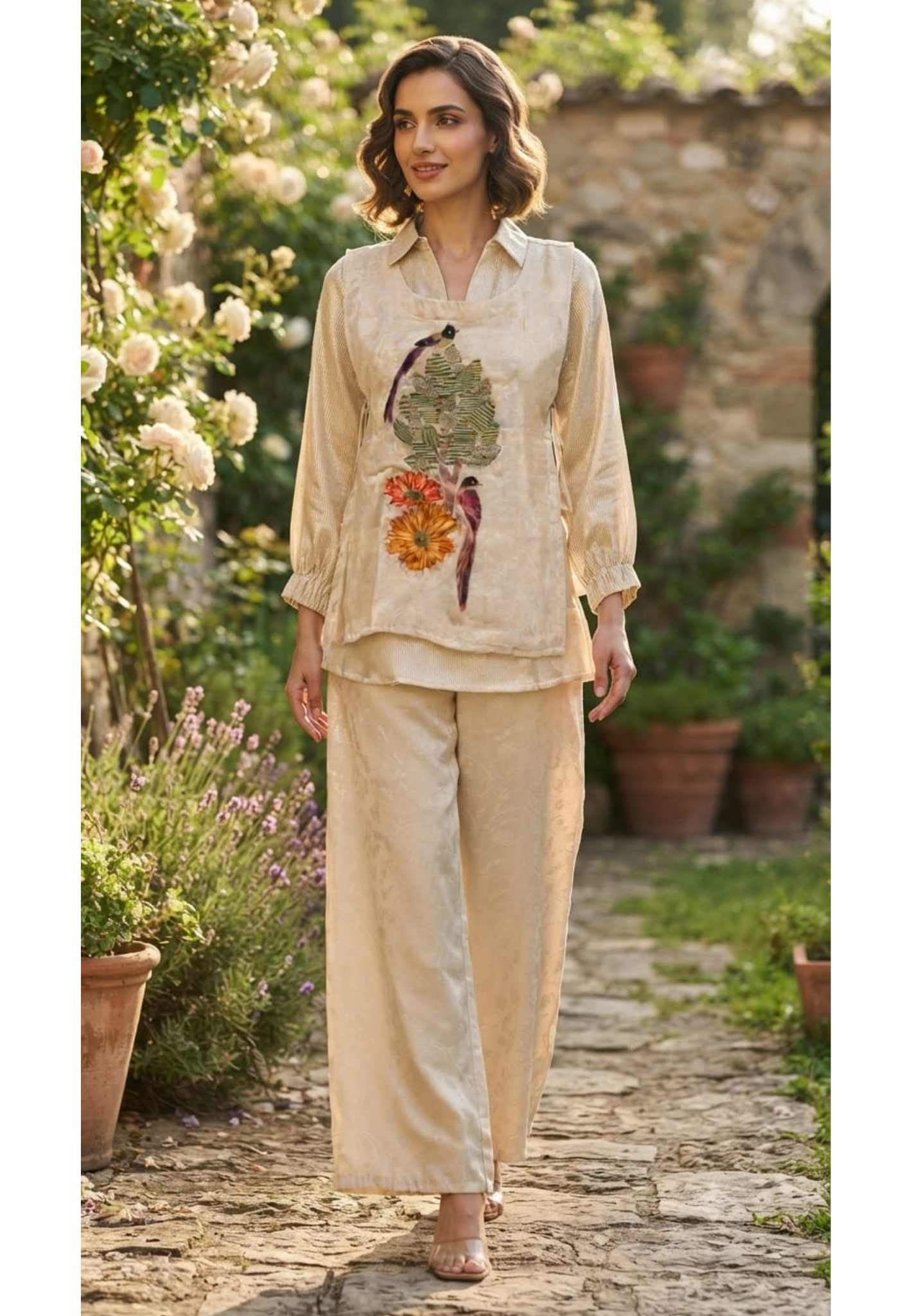 Digital Figure Printed Premium Overlay Side Knots Tissue Co-Ord Set- 15630