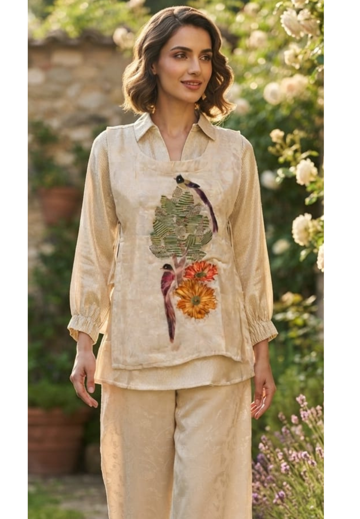 Digital Figure Printed Premium Overlay Side Knots Tissue Co-Ord Set- 15630