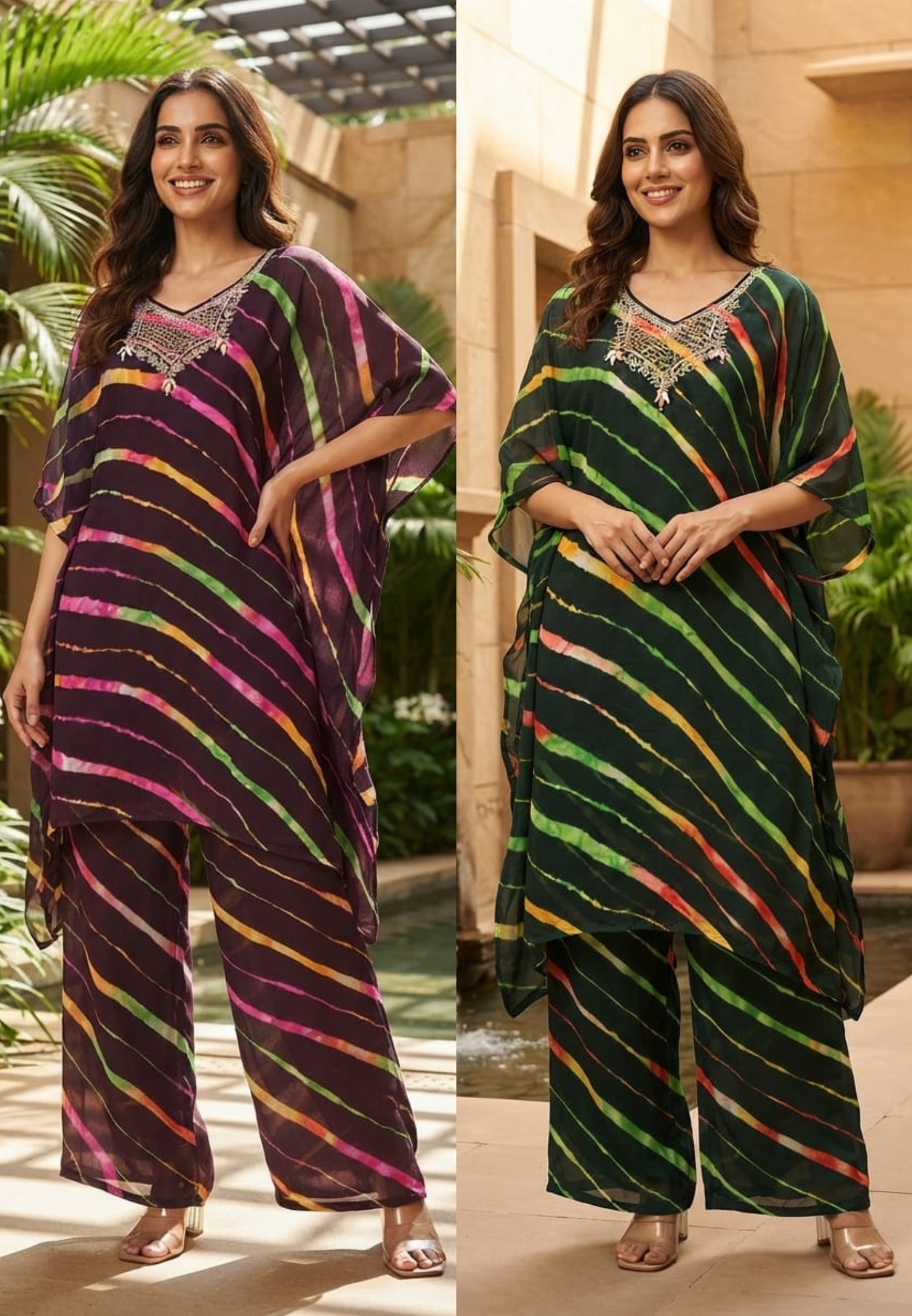 Multicolor Toned Lehriya Print Gotta Yoke Semi Georgette Kaftan With Bottom- 15701