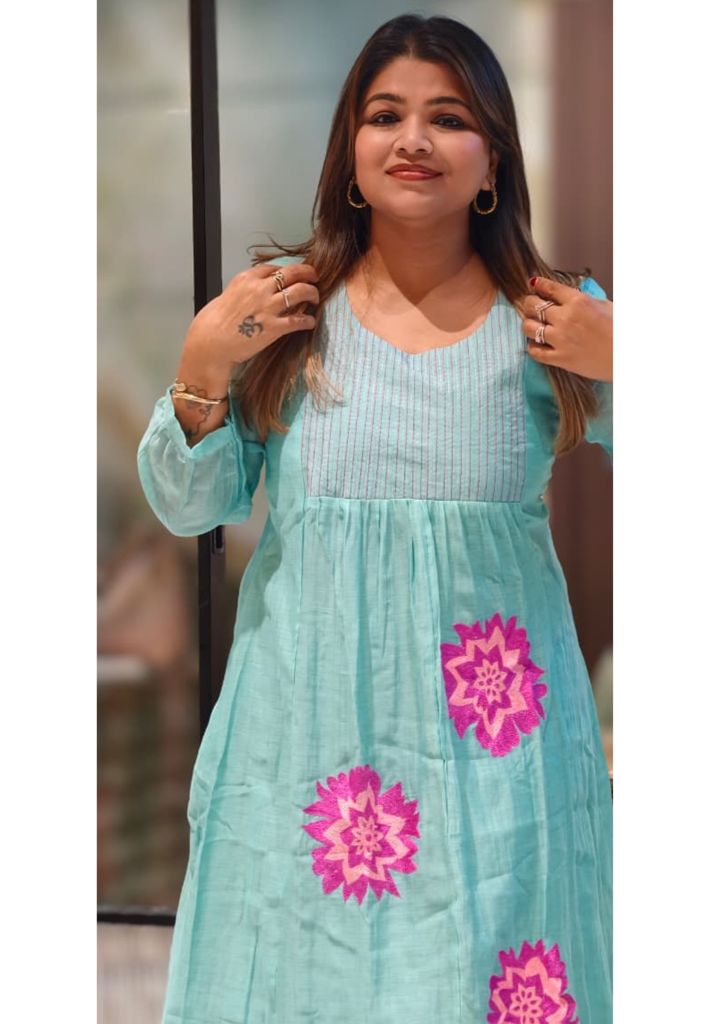 Floral Embroidered Pastel A-Line Mul Chanderi Frock with Pleat Details- 15128
