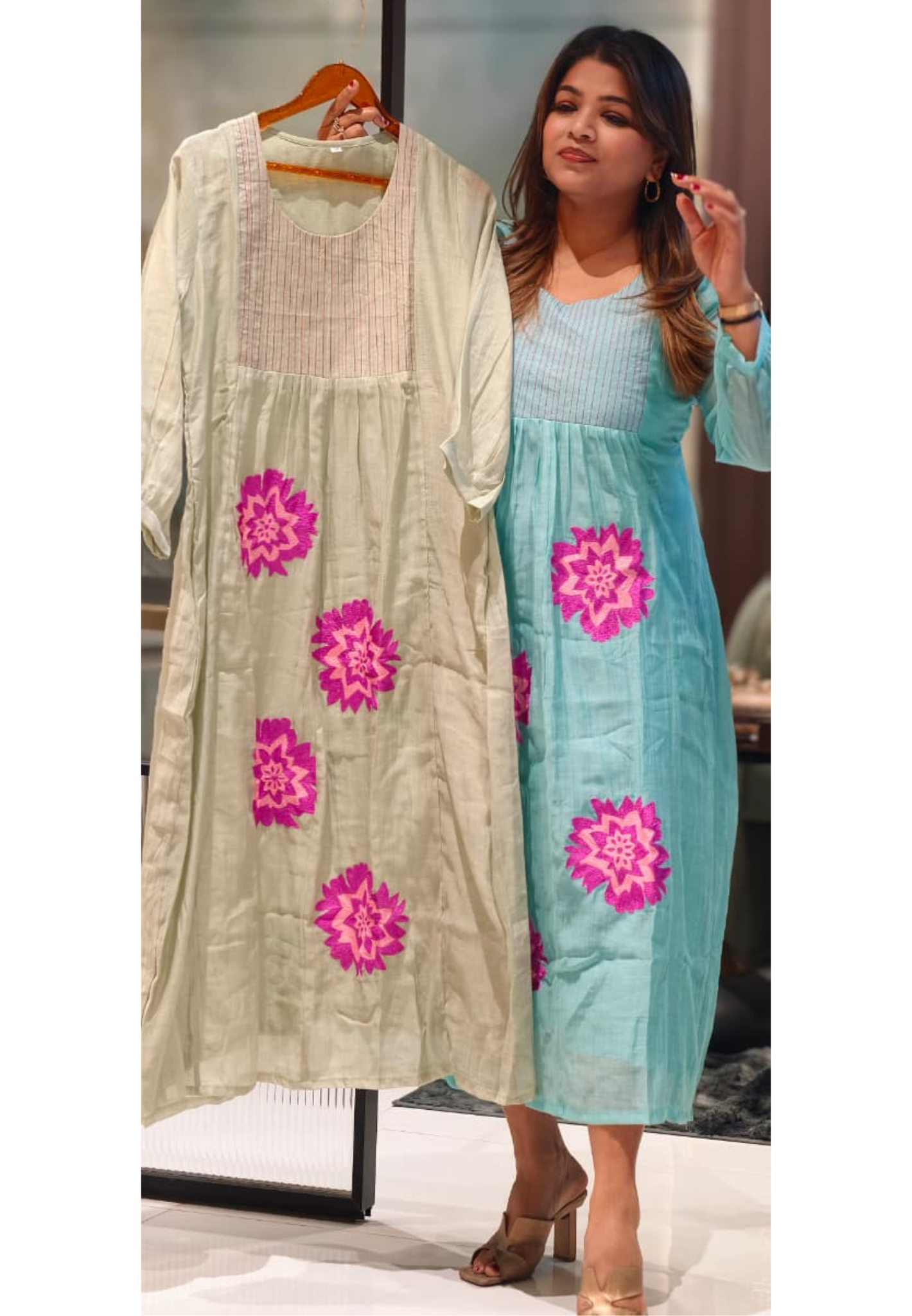 Floral Embroidered Pastel A-Line Mul Chanderi Frock with Pleat Details- 15128