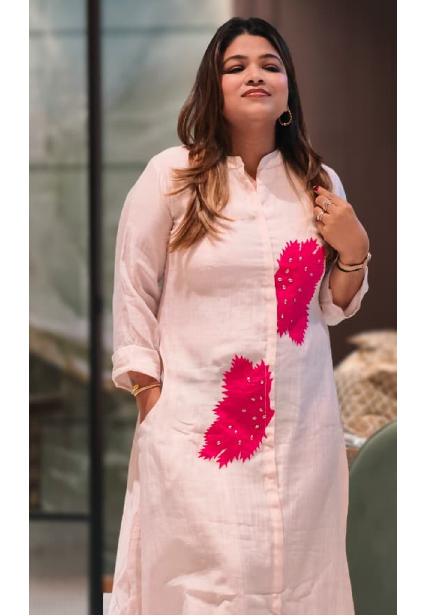 Bushy Leaf Petals Embroidered Mul-Chanderi Ankle Length Frock- 15466
