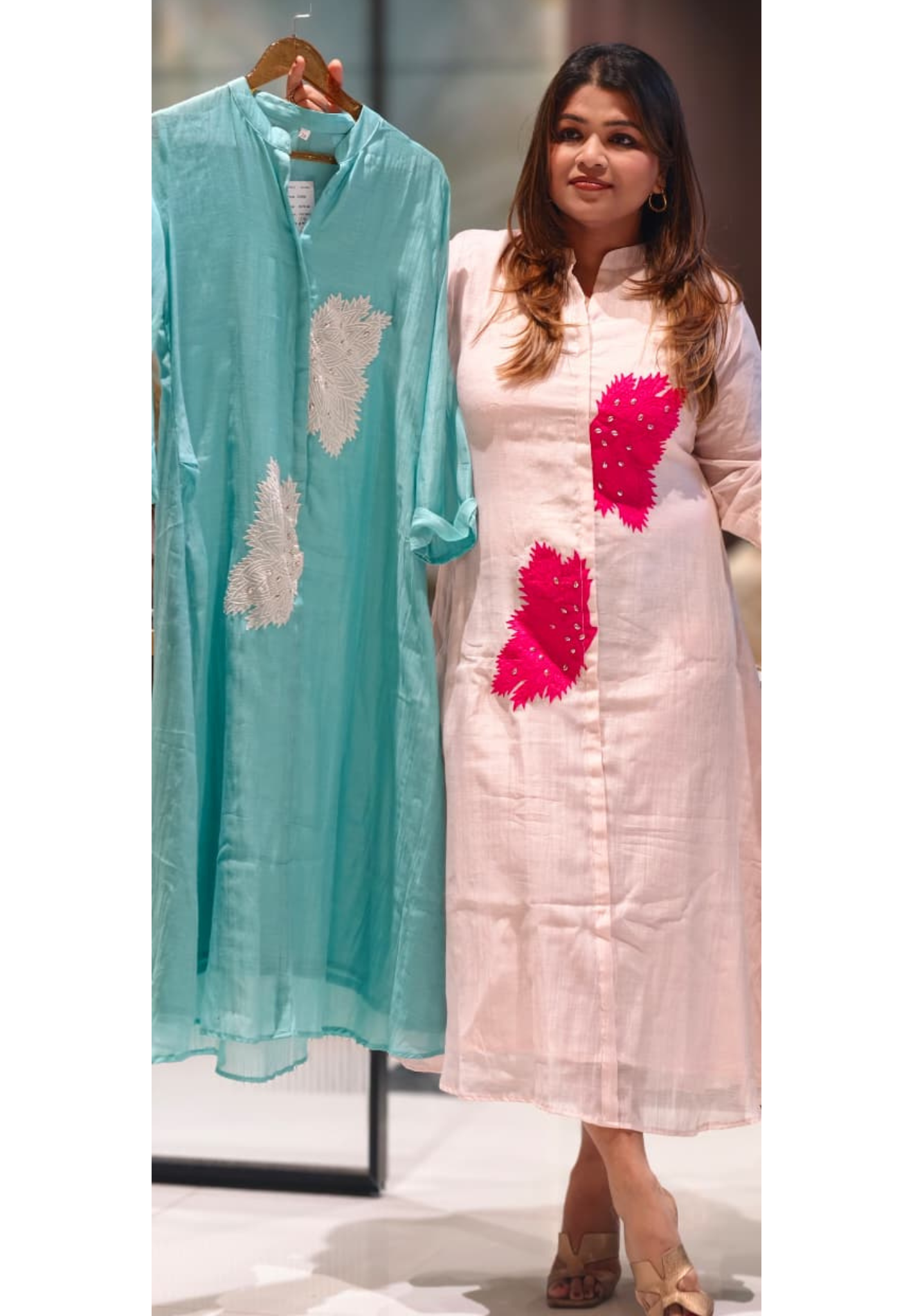 Bushy Leaf Petals Embroidered Mul-Chanderi Ankle Length Frock- 15466