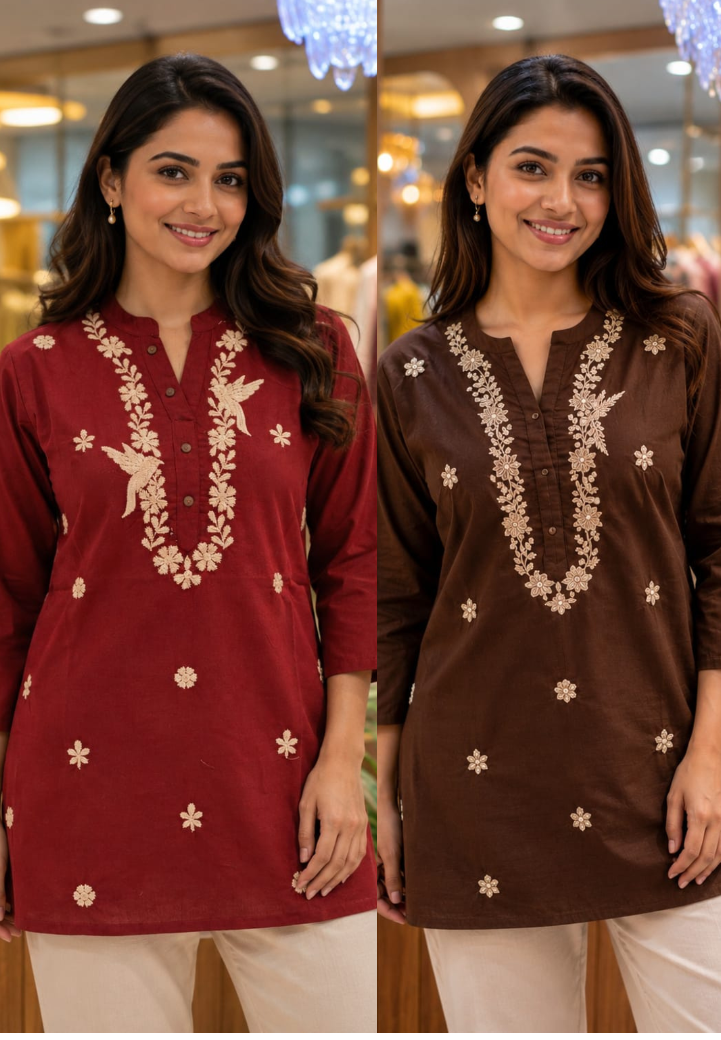 Threadscape Bird & Floral Embroidered Cotton Short Kurti Only- 15718