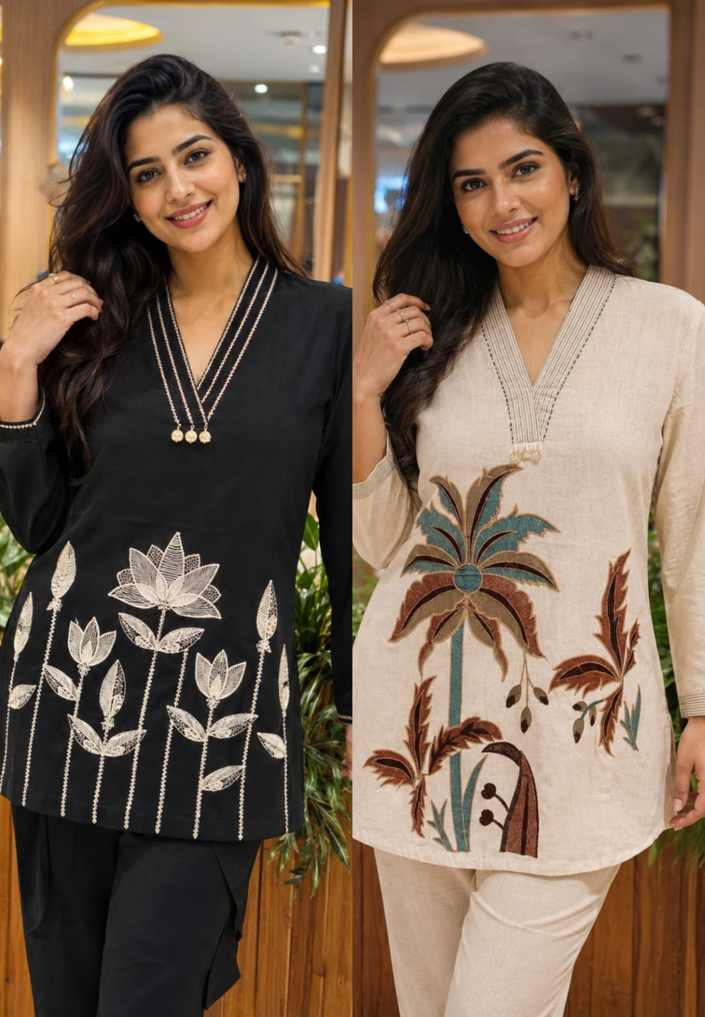 The Loom & Leaf Artistic Embroidered V-Neck Cotton Short Kurti- 15719