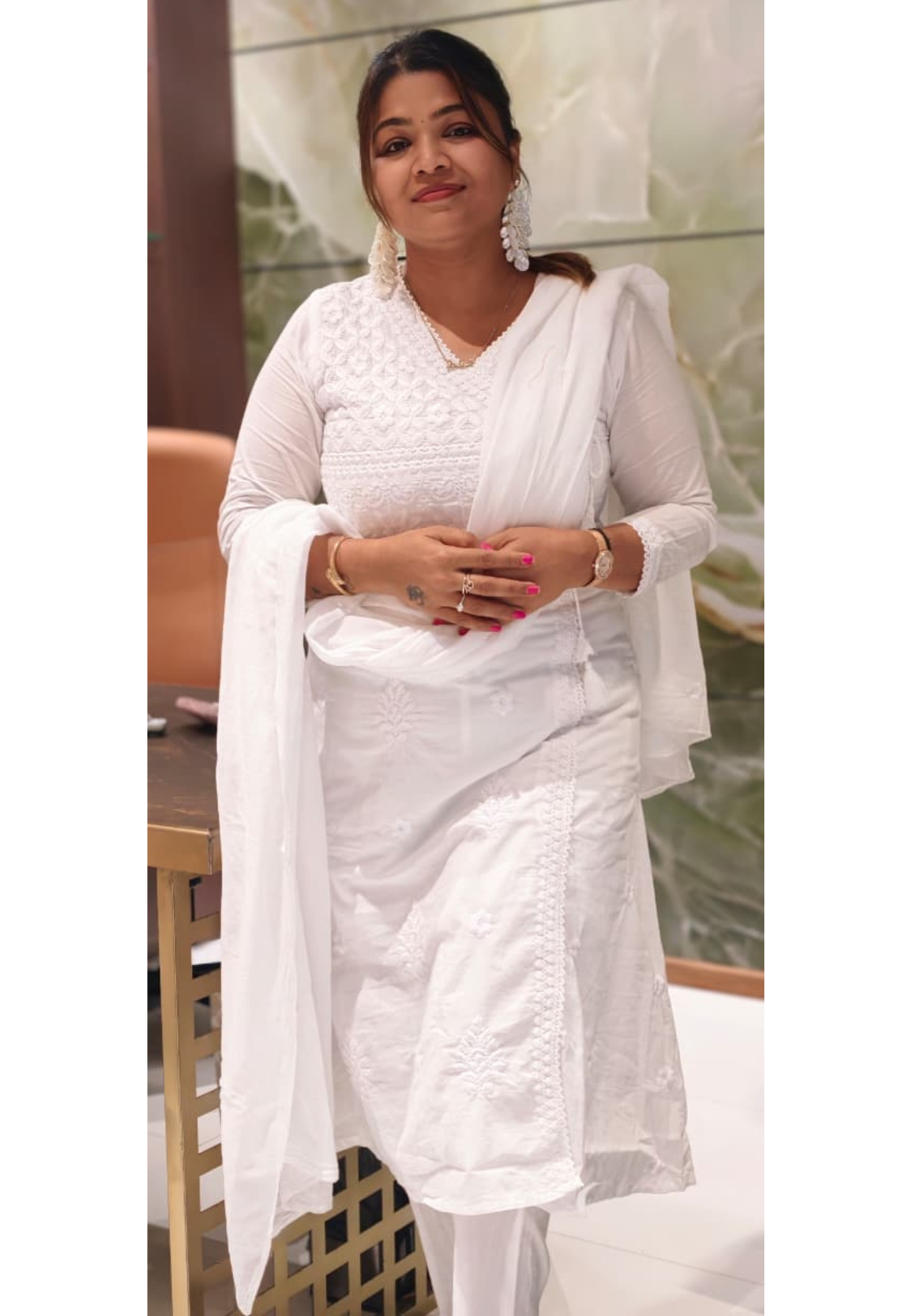 Angrakha Pattern Chikankari Thread Embroidered Cotton Full Suit Set With Dupatta- 15866