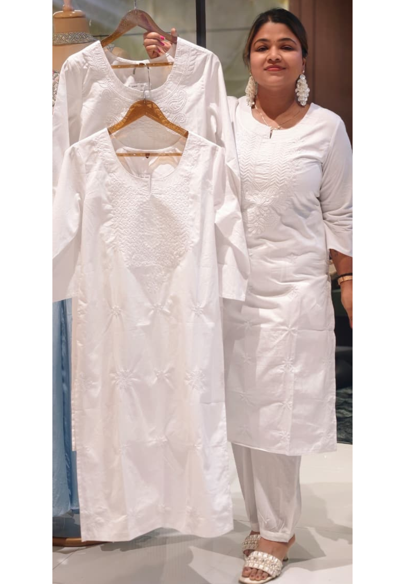Flawless White Base Chikankari Embroidery Thick Cotton Long Kurti Only- 15869