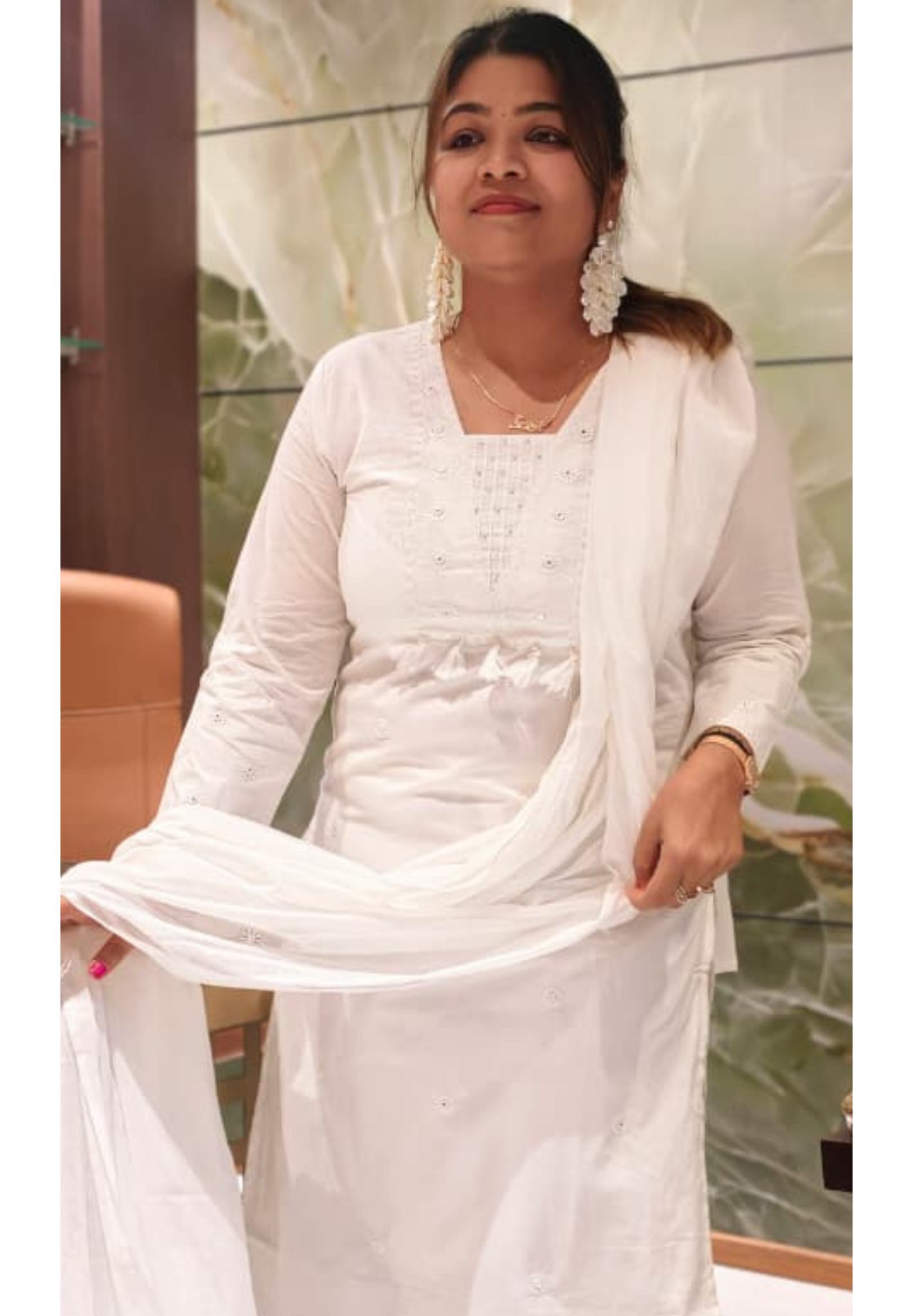 Divine White Beautiful Thread Embroidered Cotton Full Suit Set With Dupatta- 15867