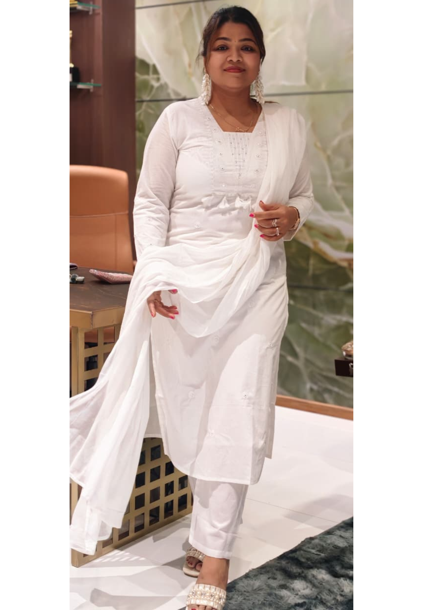 Divine White Beautiful Thread Embroidered Cotton Full Suit Set With Dupatta- 15867