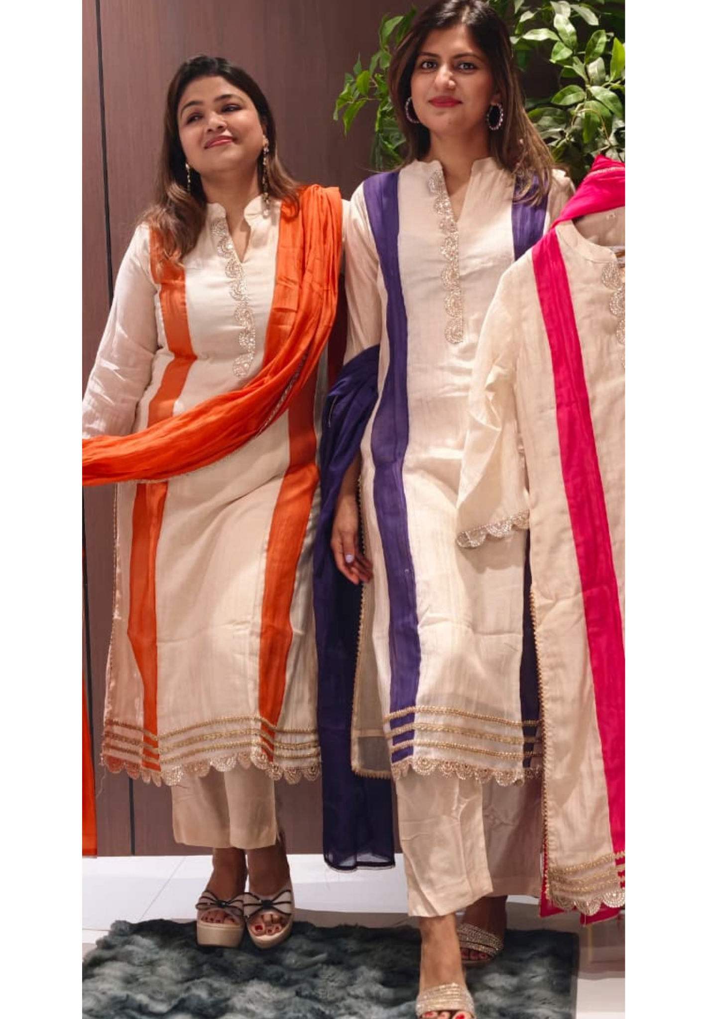 Elegant Minimal Neckline Banarasi Mul-Chanderi Striped Elegance Straight Full Suit Set With Dupatta- 15935
