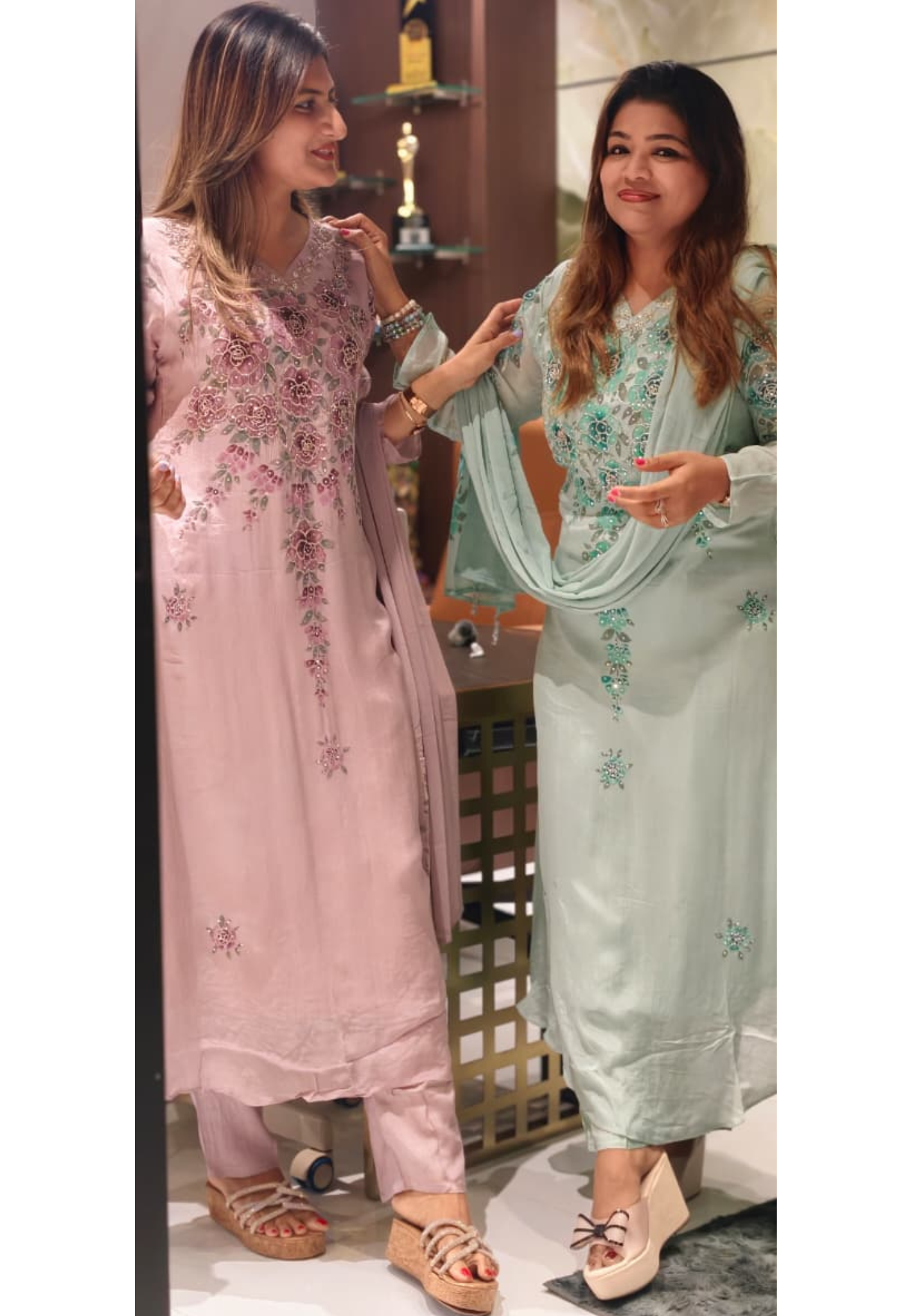 Digital Foral Prints With Elegant Highlighted Detailing Work Chinon Full Suit Set With Dupatta- 15943
