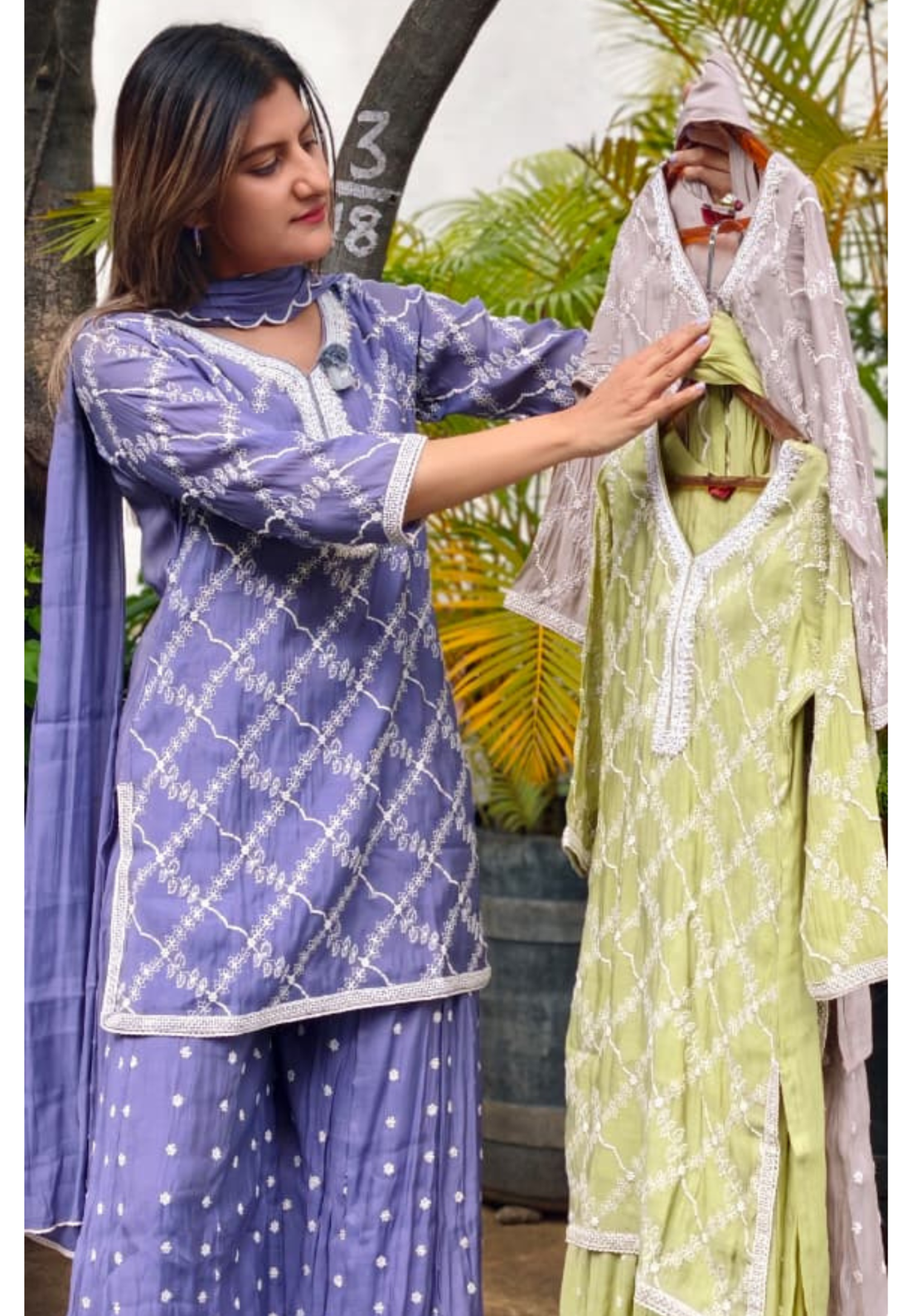 Elegant Cut-Dana Work Assymmetric Embroidered Short Length Kurti With Flared Palazzo Bottom & Dupatta- 15896 15885